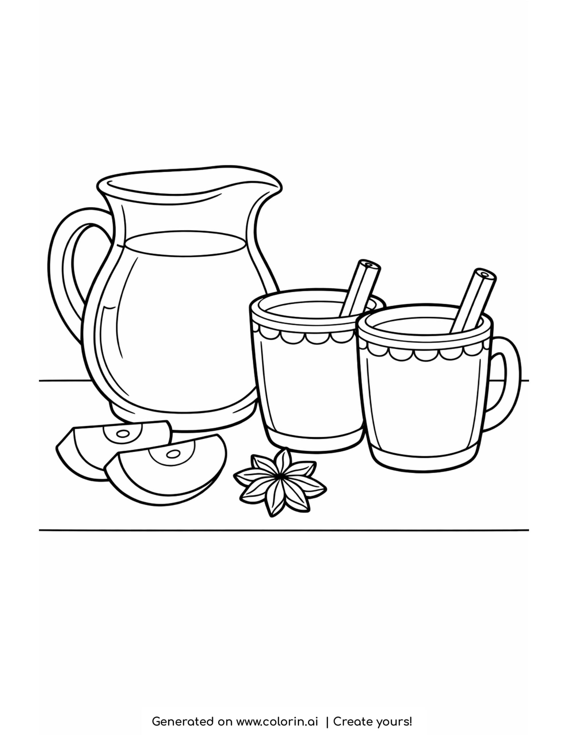 thanksgiving food coloring pages, a pitcher of cider beside two mugs with cinnamon sticks and apple slices