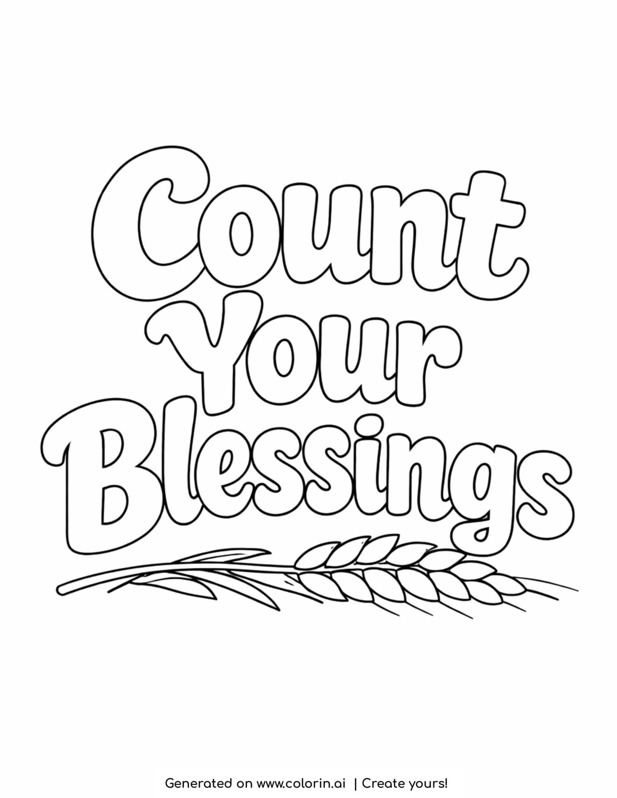 thanksgiving coloring pages for adults, the words Count Your Blessings in bubble letters above a wheat stalk
