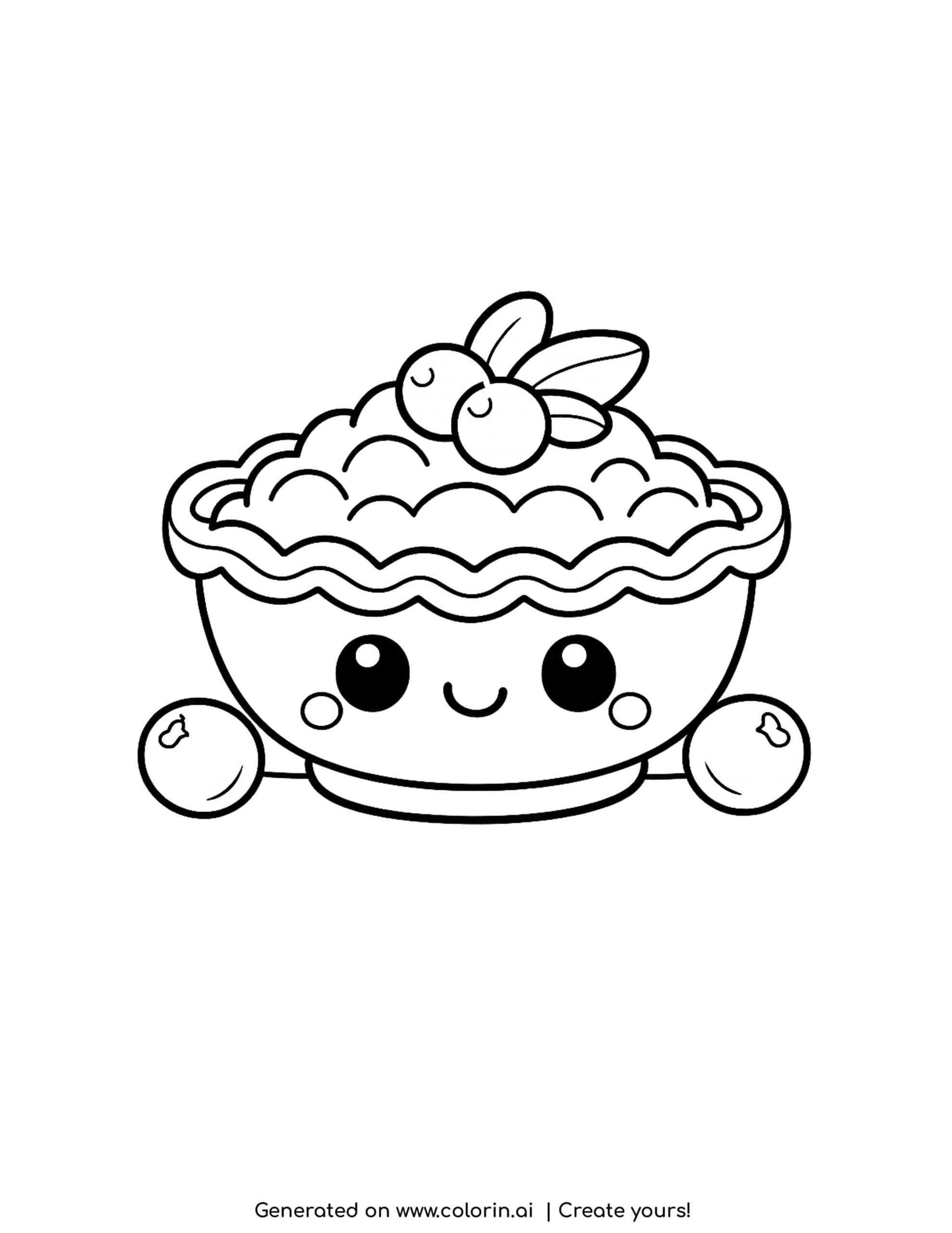 thanksgiving food coloring pages, a rounded dish with a happy face holding cranberry sauce with a sprig and loose berries