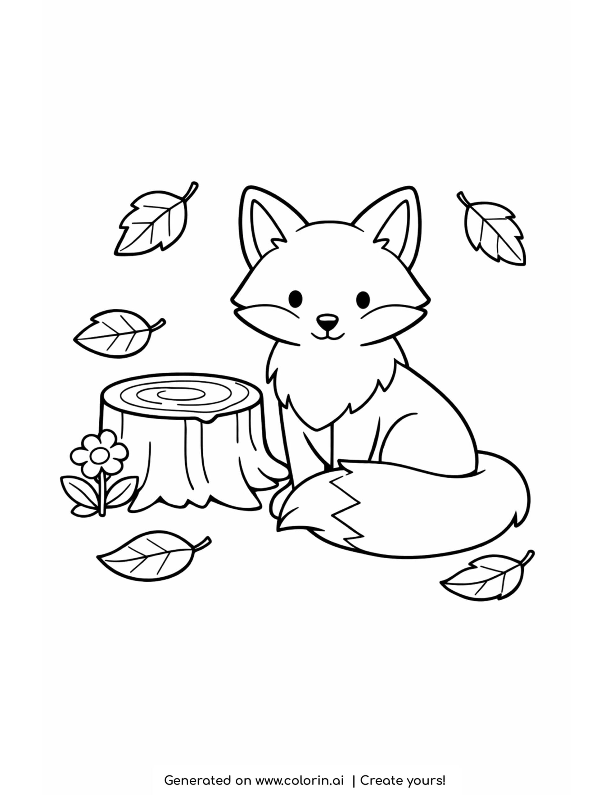 cute easy thanksgiving coloring pages, a friendly fox sitting with its bushy tail curled among falling autumn leaves