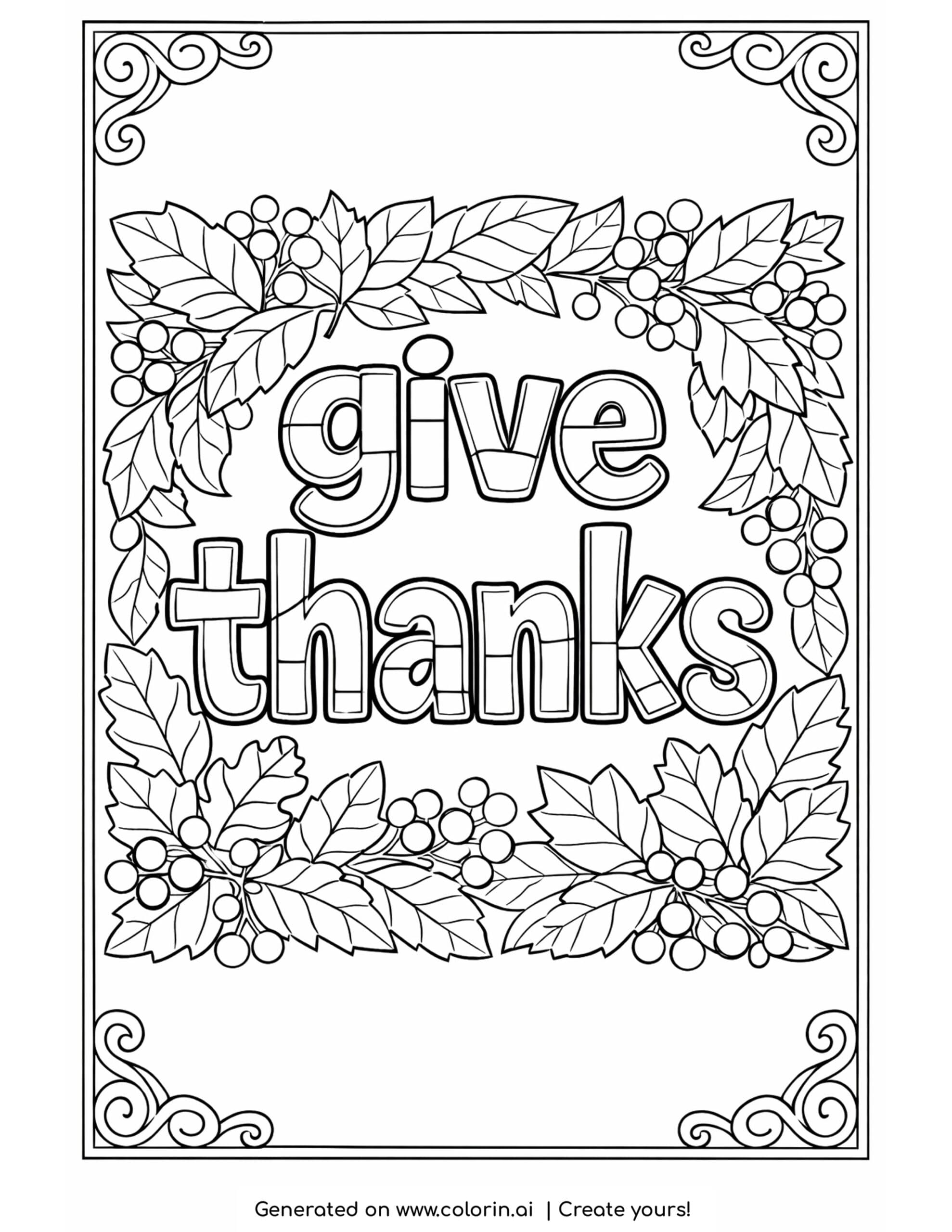 thanksgiving coloring pages for adults, the words give thanks in bubble letters framed by leaves and berries with corner swirls