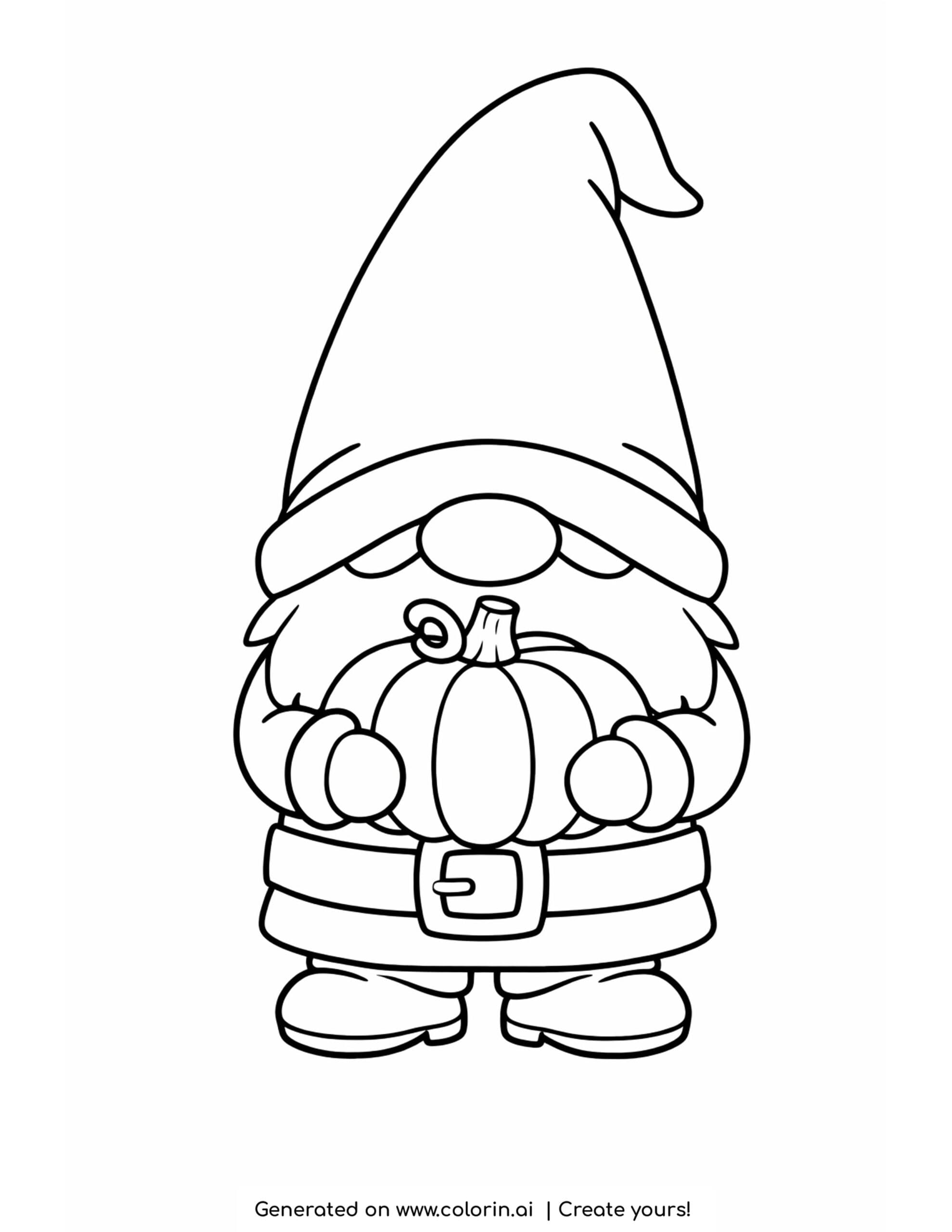 cute thanksgiving coloring pages, a little gnome with a long pointed hat holding a pumpkin in both arms