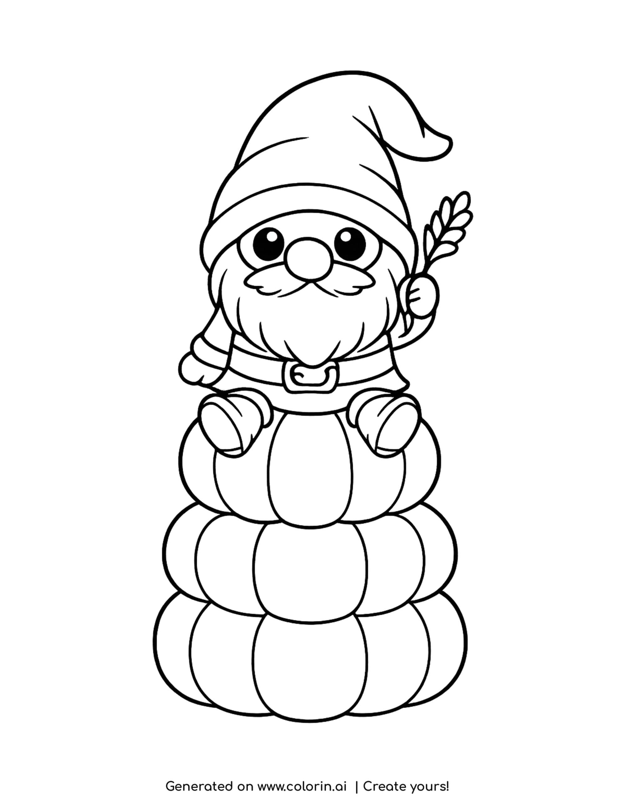 cute thanksgiving coloring pages, a little gnome with a long floppy hat sitting on top of three stacked pumpkins