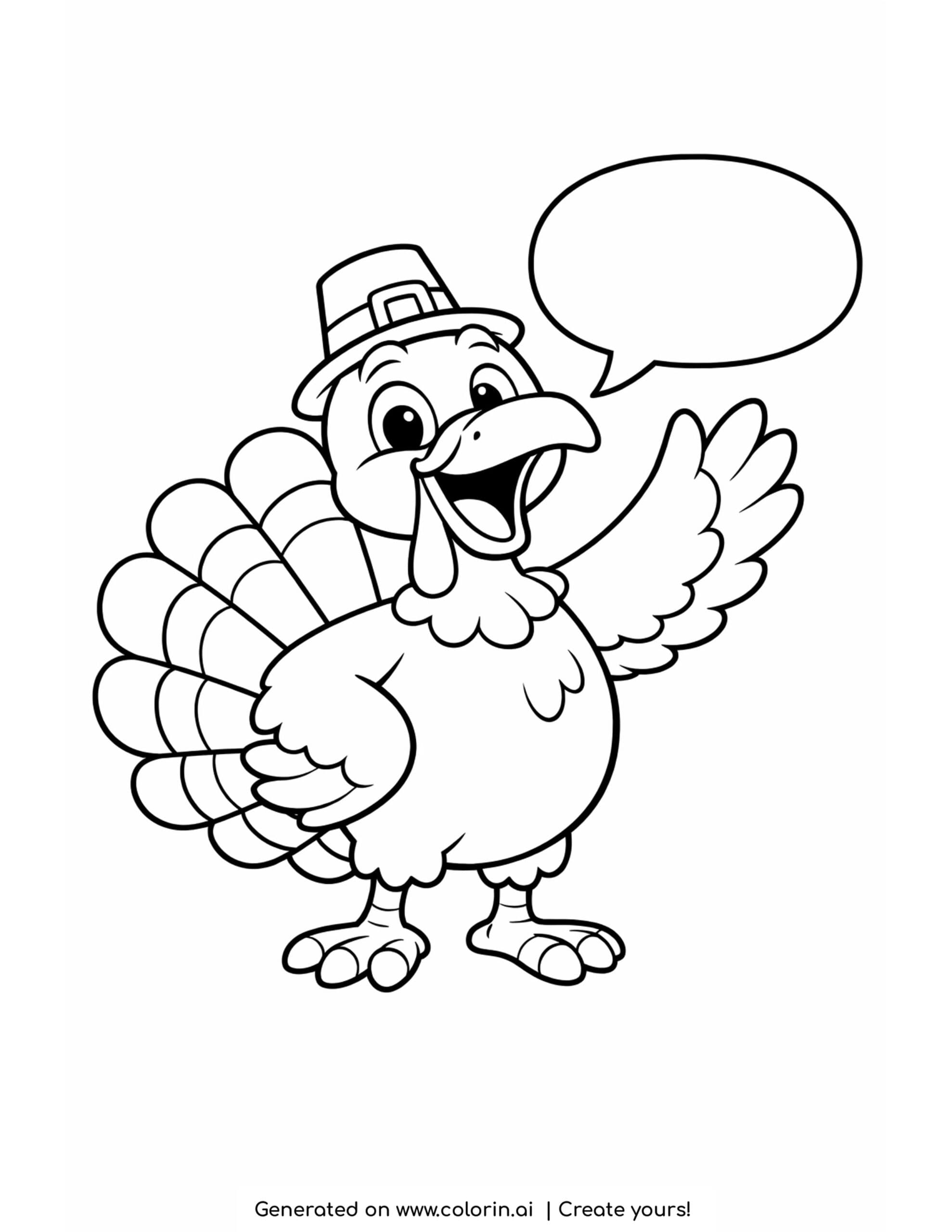 thanksgiving coloring pages for kids, a cartoon turkey waving with an open beak and a blank speech bubble