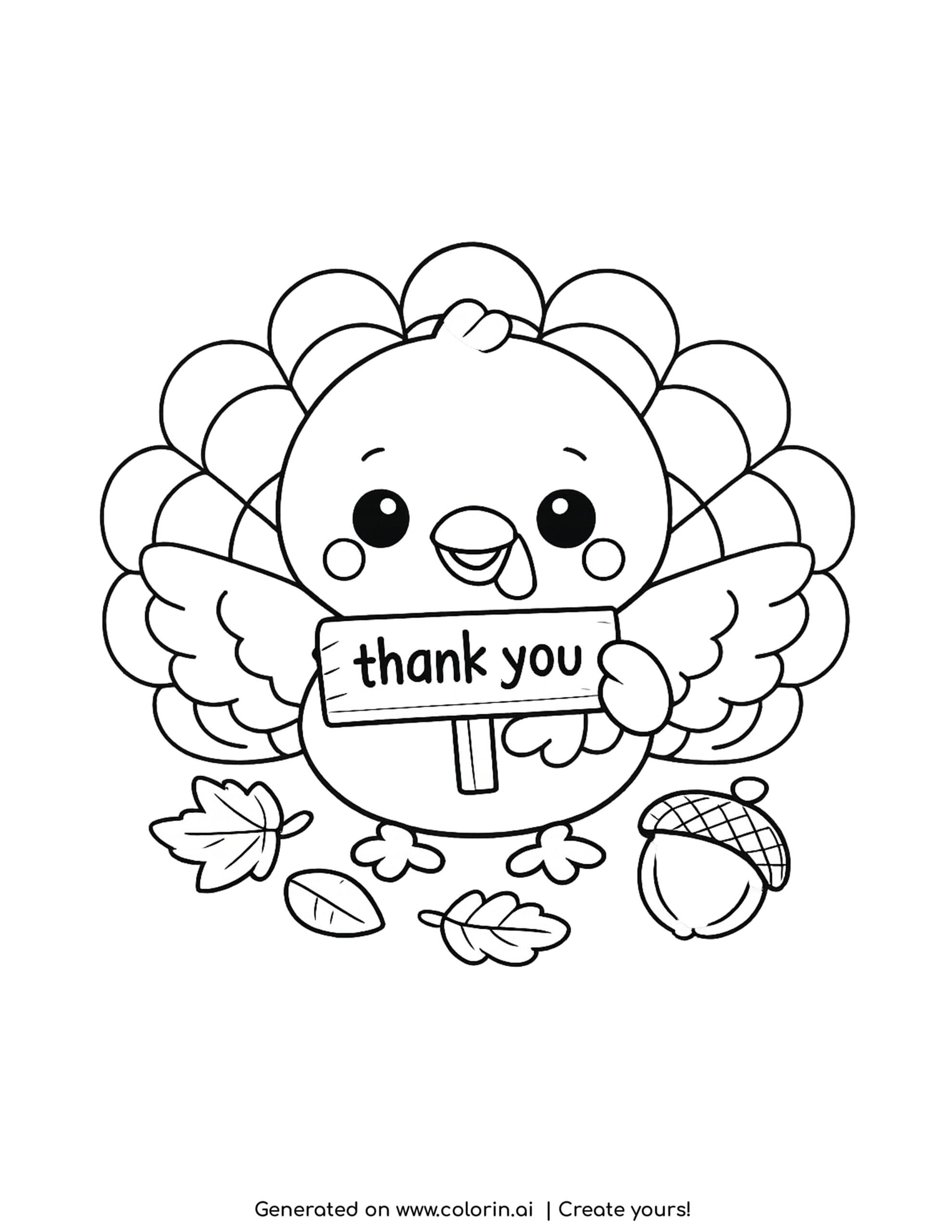 cute thanksgiving coloring pages, a round happy turkey holding a wooden thank you sign with leaves at its feet