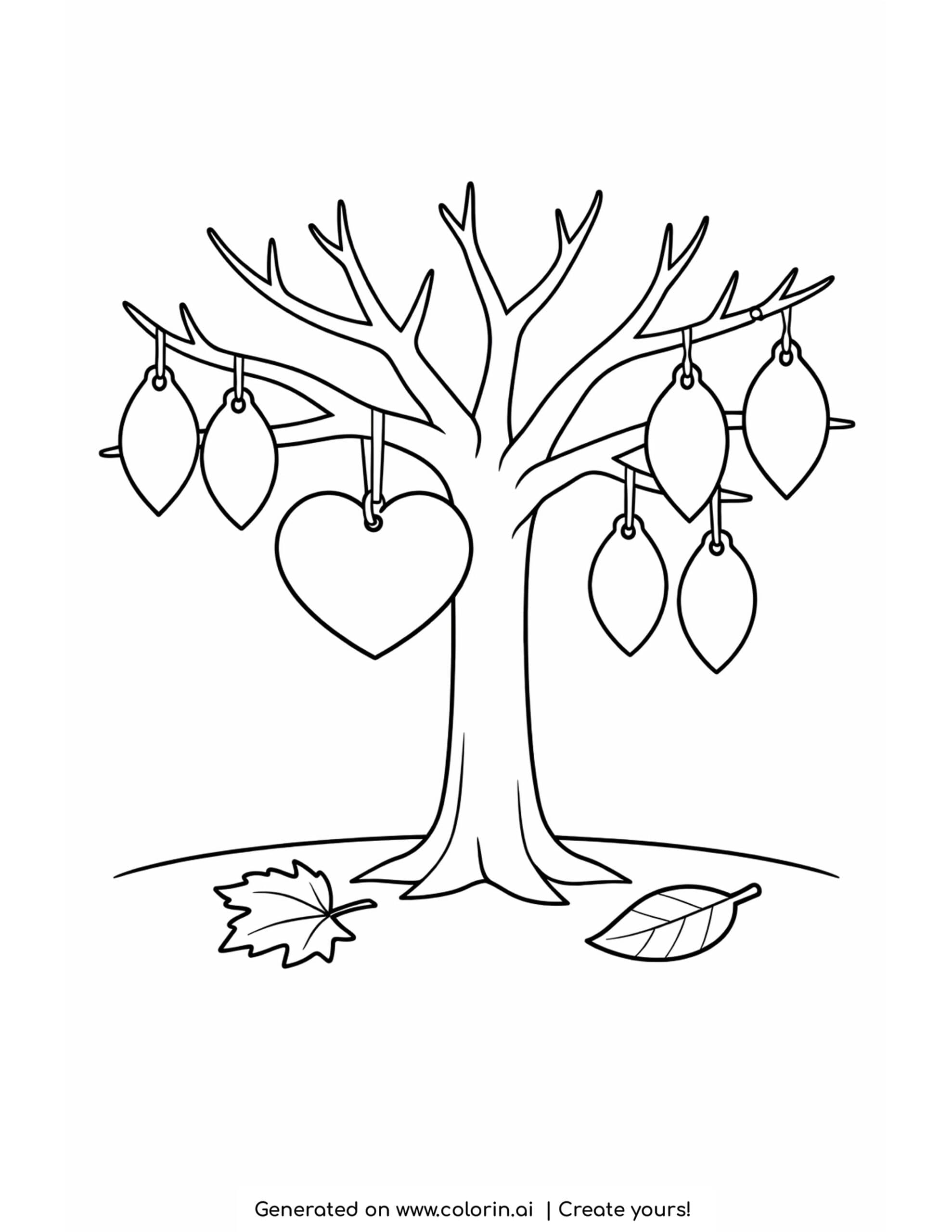 thanksgiving coloring pages for kids, a bare tree with blank leaf and heart tags hanging from the branches