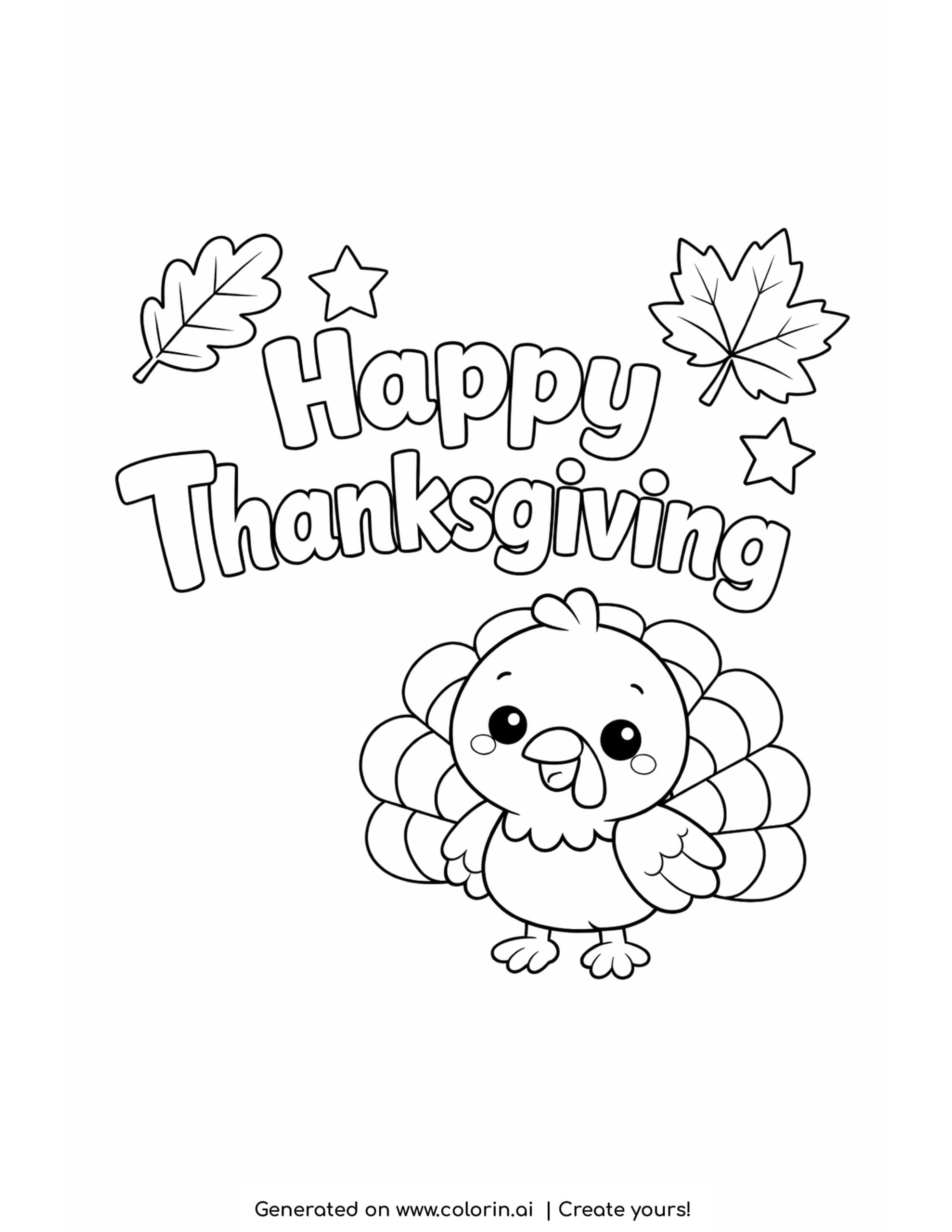 happy thanksgiving coloring pages, the words happy thanksgiving in bubble letters with leaves, stars, and a small turkey
