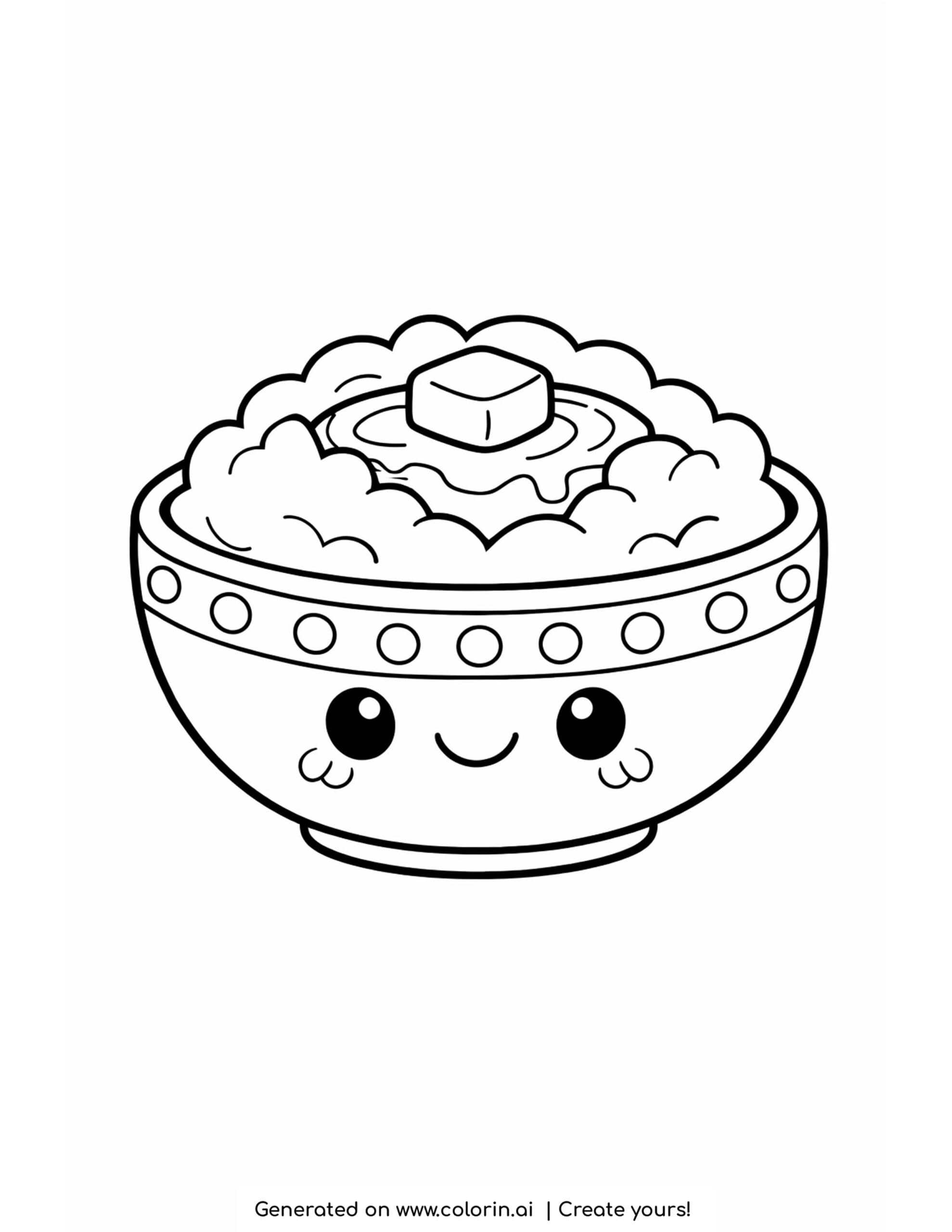 thanksgiving food coloring pages, a rounded bowl with a happy face holding mashed potatoes with gravy and butter