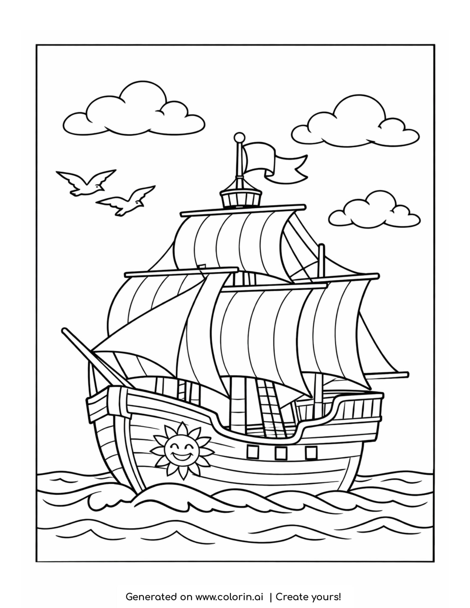 thanksgiving coloring pages for kids, a tall sailing ship with billowing sails and a flag crossing the ocean waves