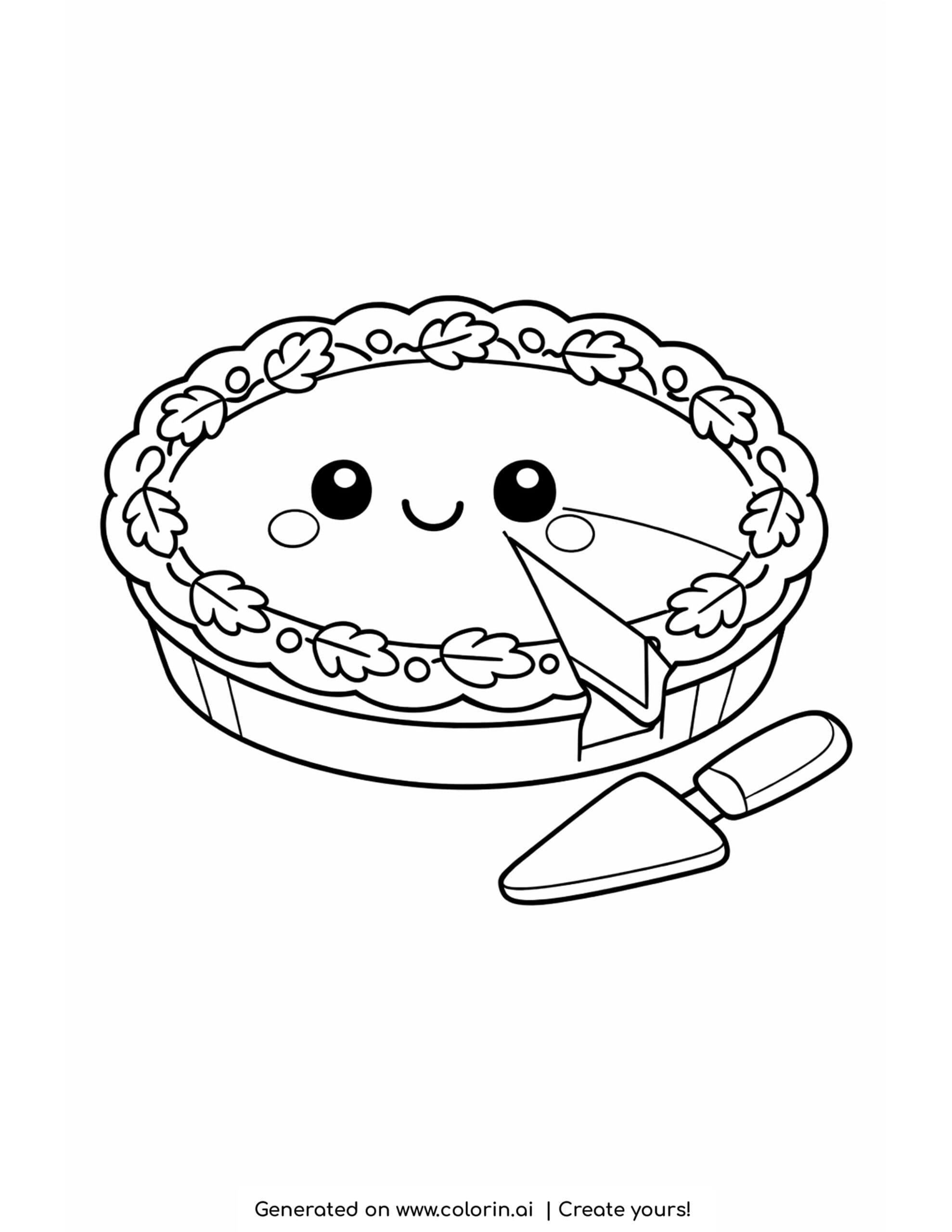 thanksgiving food coloring pages, a whole pumpkin pie with a happy face and one slice lifted out, a server beside it