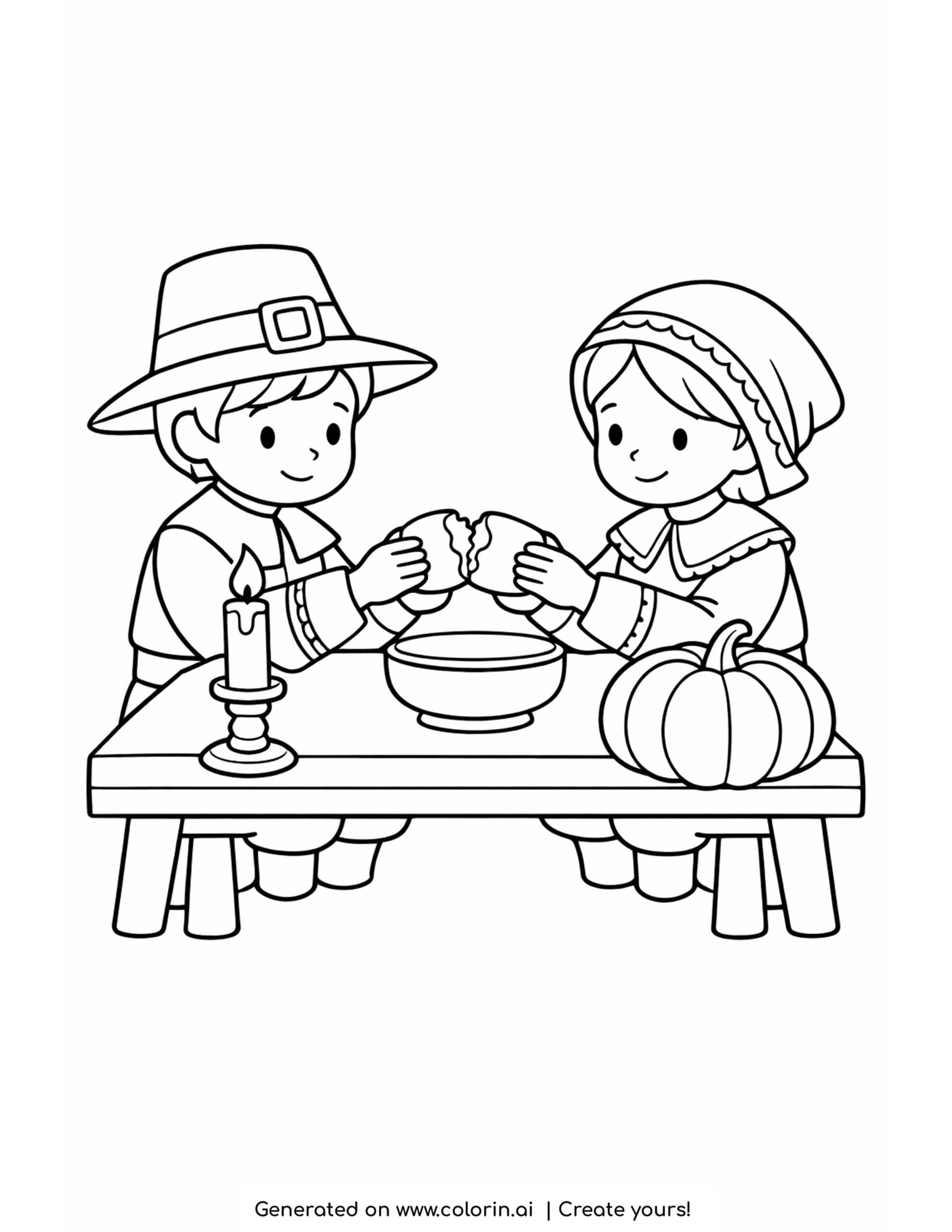 thanksgiving coloring pages for kids, two pilgrim children at a small table breaking bread with a candle between them