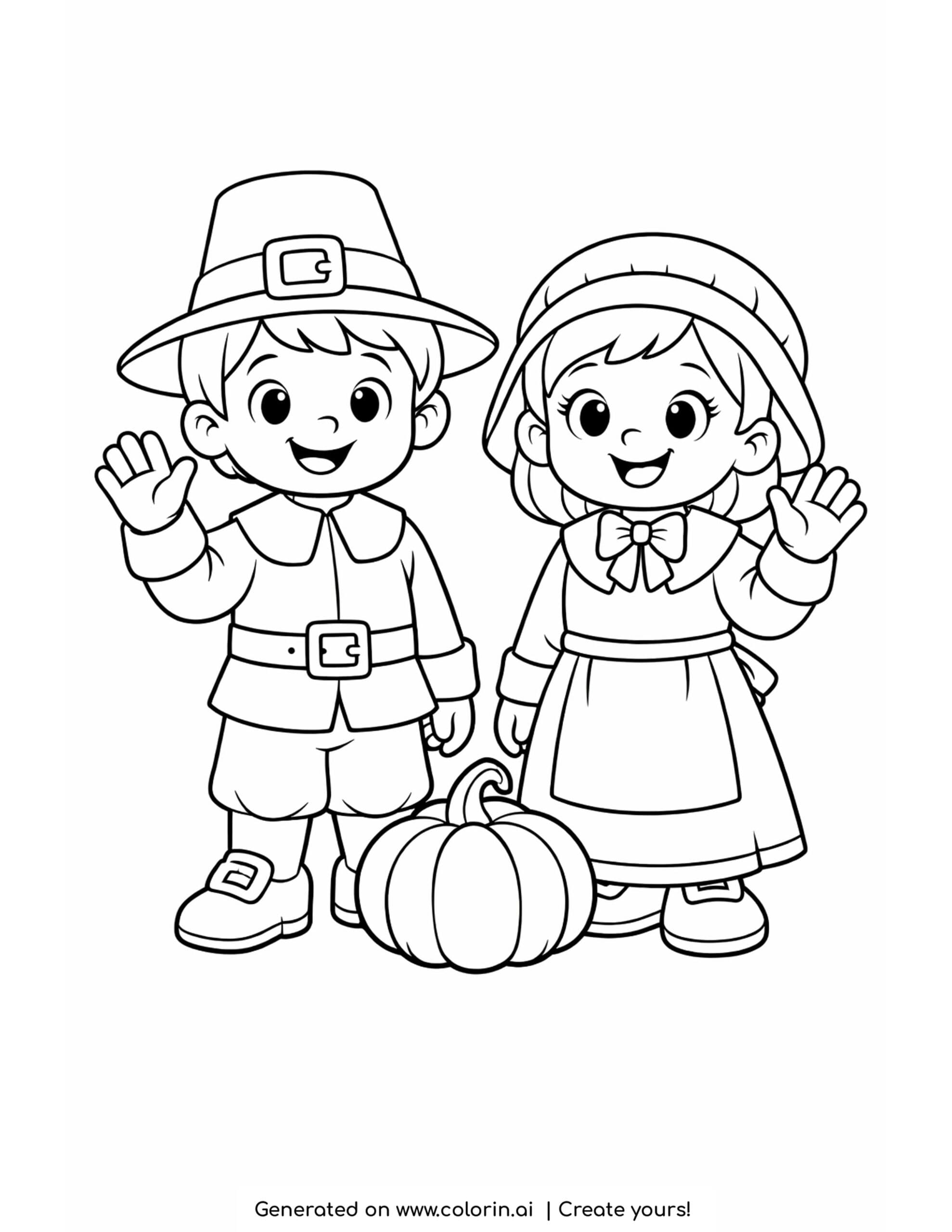 thanksgiving coloring pages for kids, a pilgrim boy and girl waving with a small pumpkin between their feet