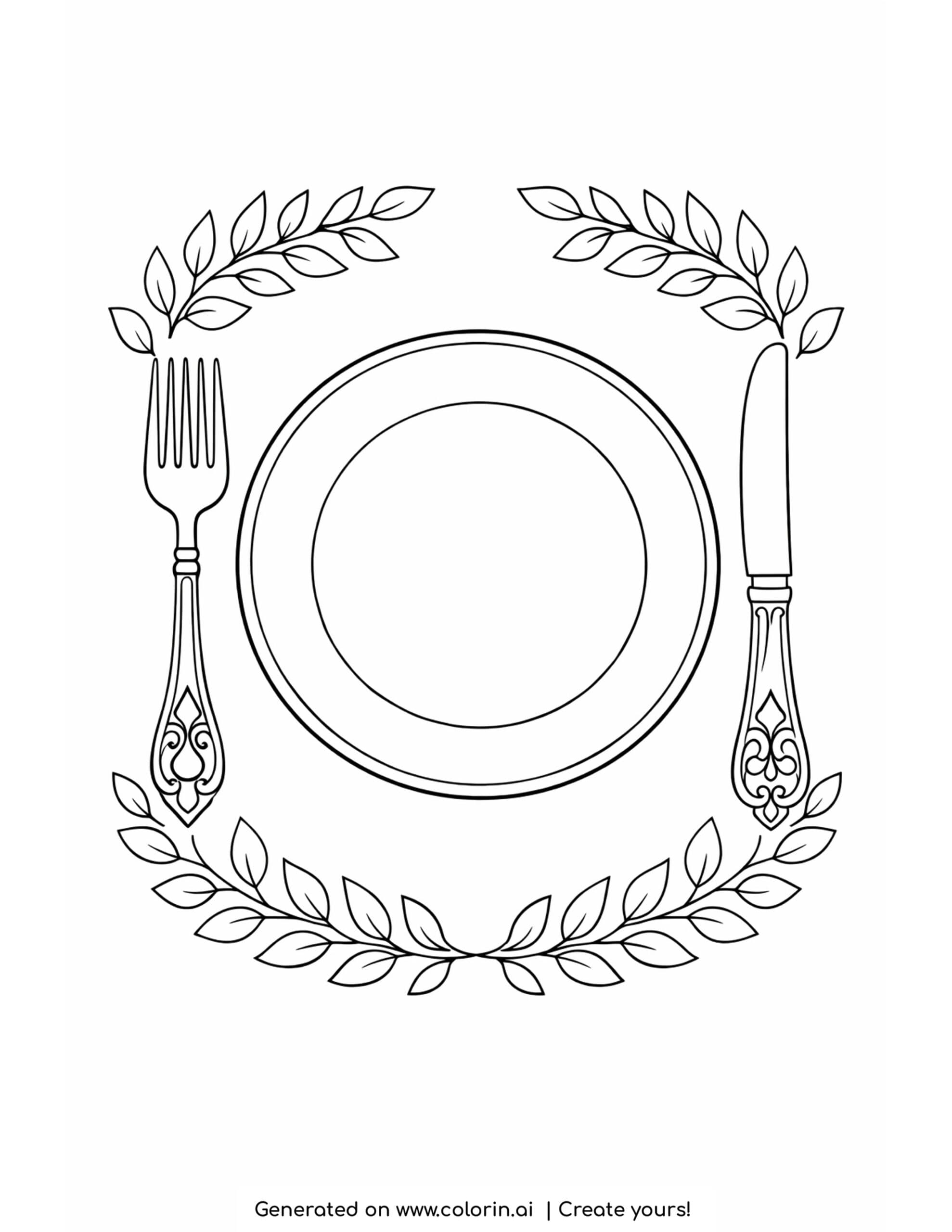 thanksgiving placemat coloring page, an empty round plate between a fork and knife framed by a wreath of leaves