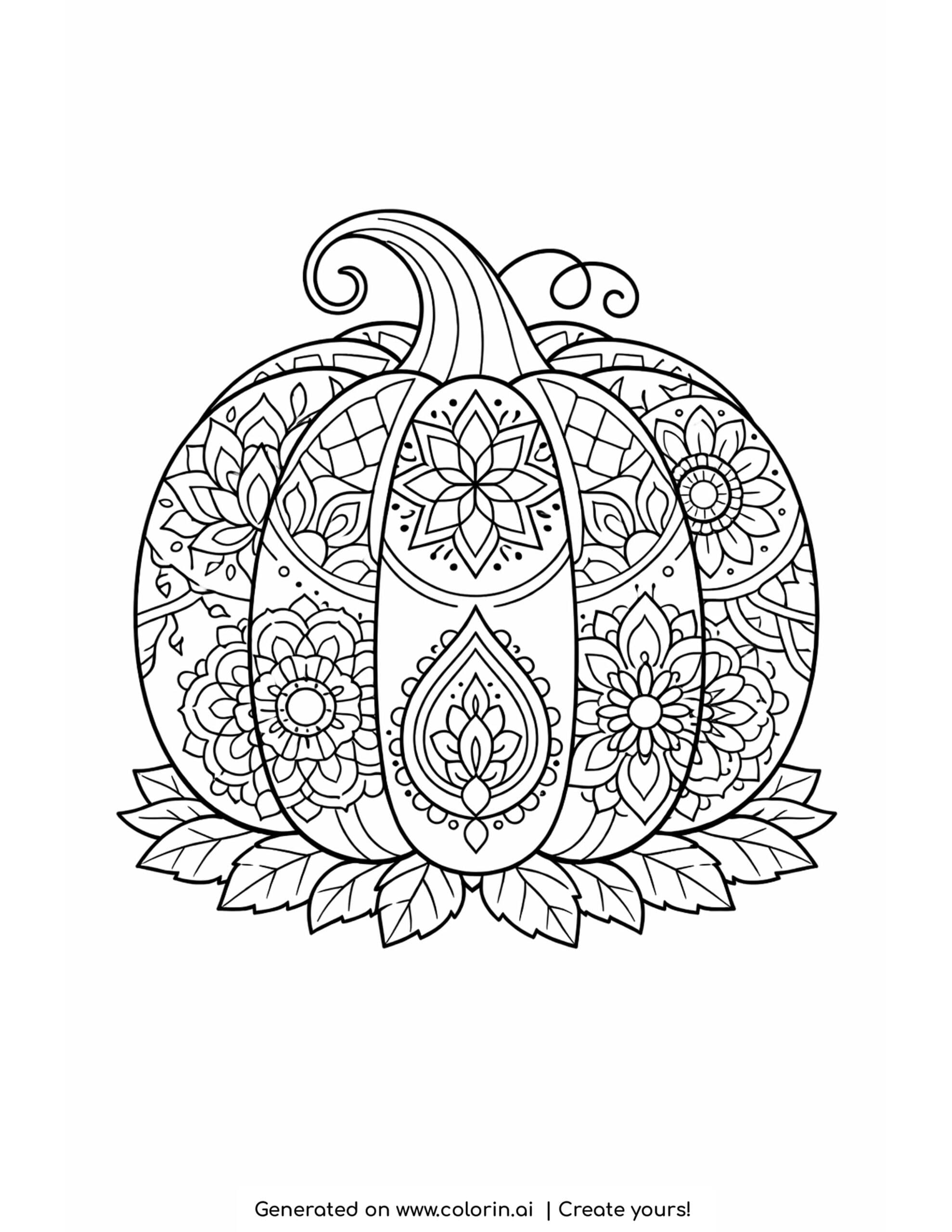thanksgiving adult coloring pages, a large pumpkin with each ribbed section filled with a different mandala pattern