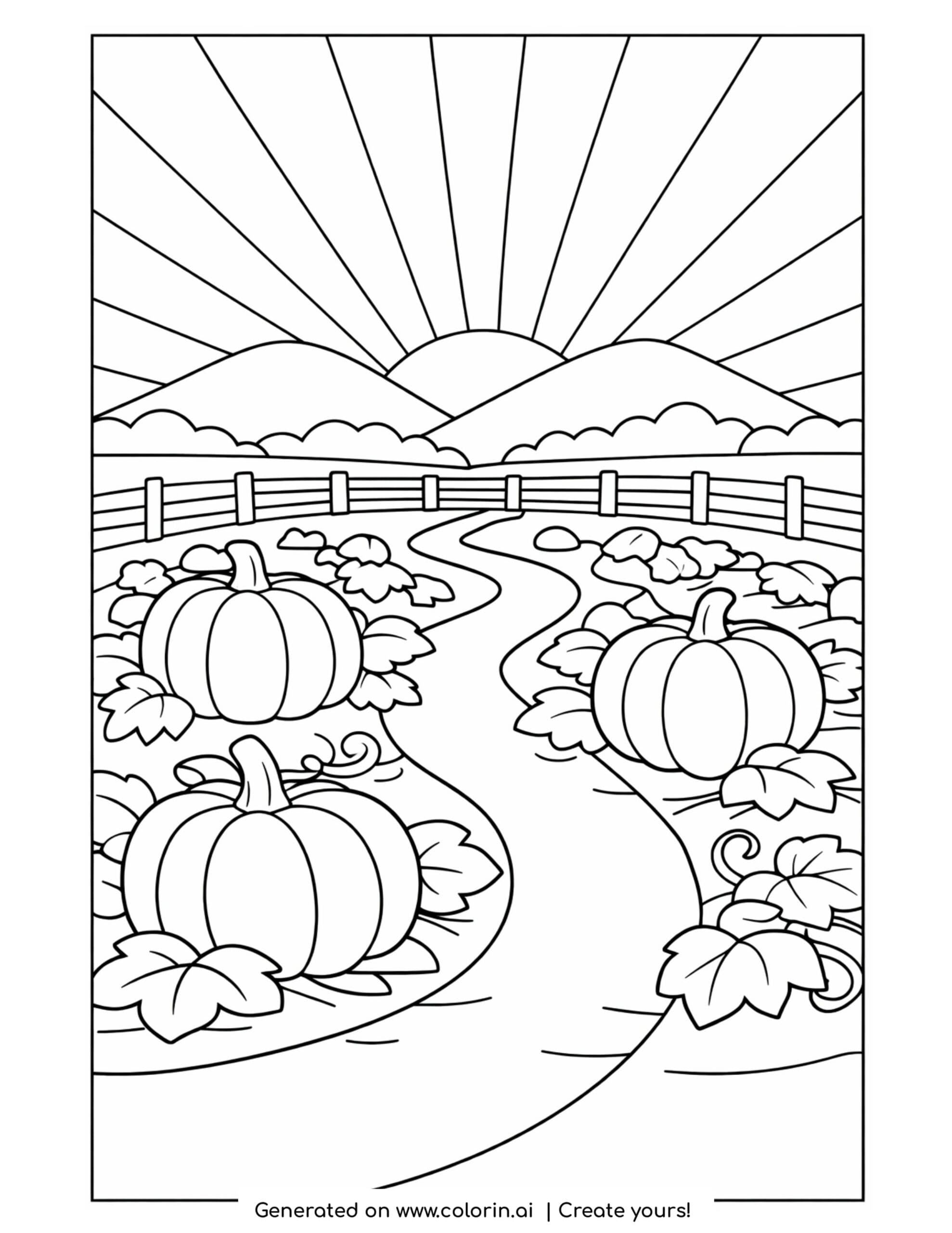 thanksgiving coloring pictures, a field of pumpkins with a winding path, a fence, and the sun setting behind hills