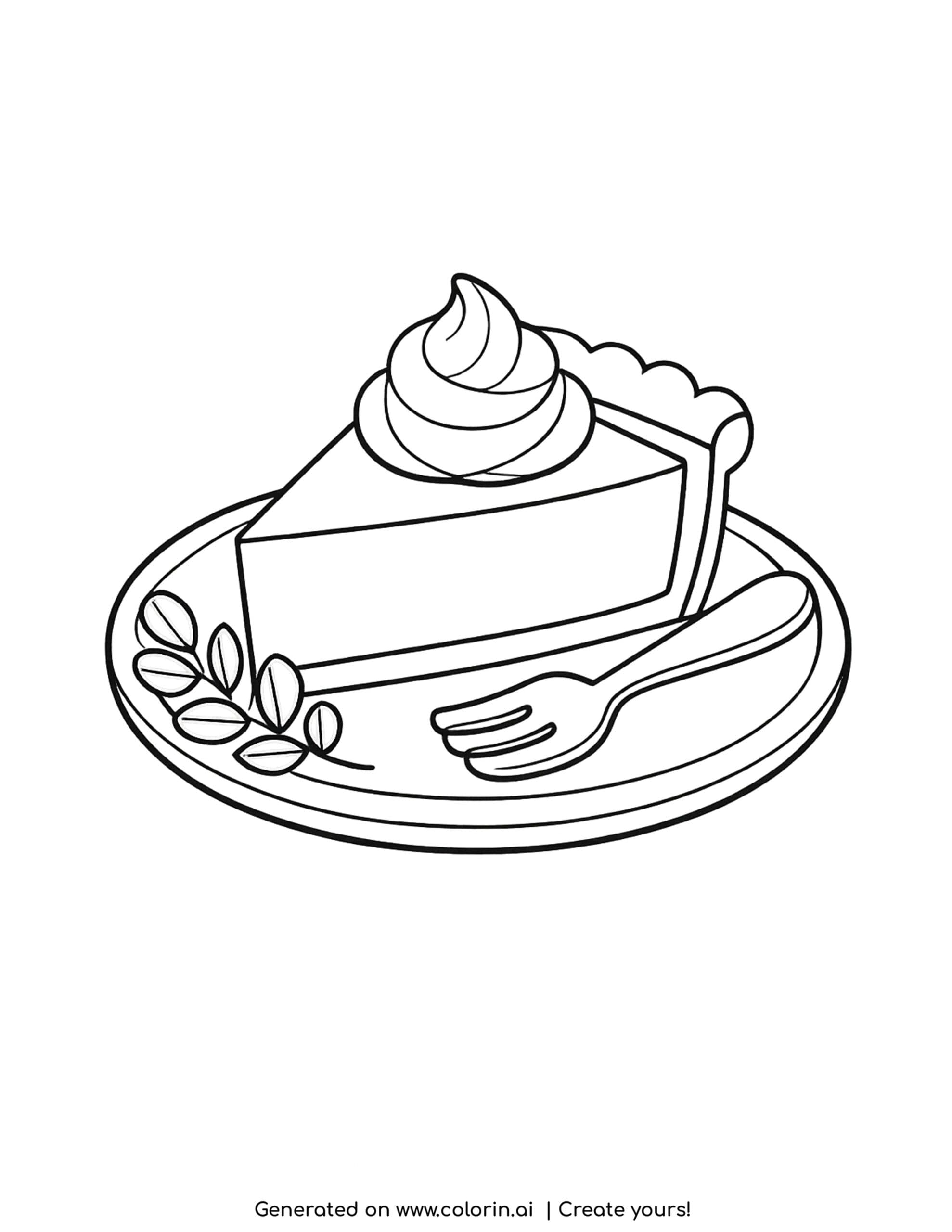 thanksgiving food coloring pages, a slice of pumpkin pie with a swirl of whipped cream and a fork on a plate
