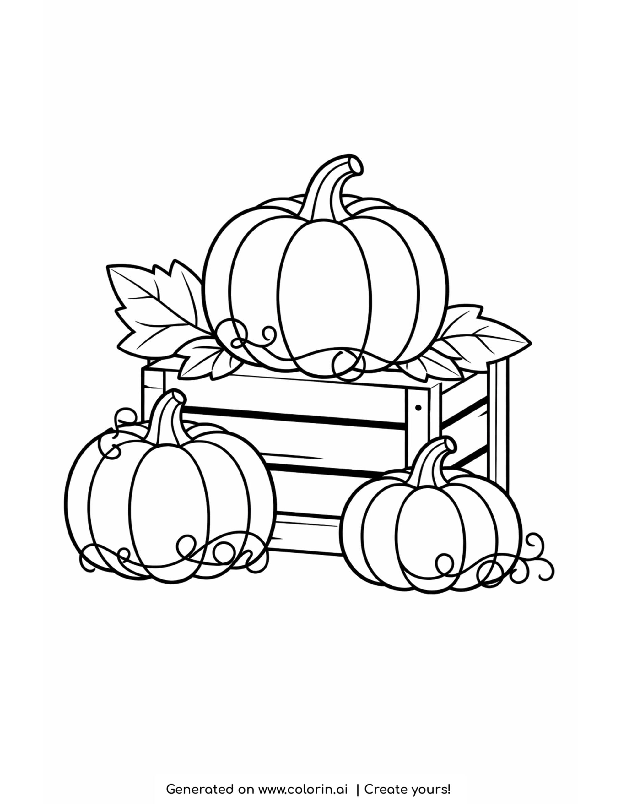 easy thanksgiving coloring pages, three round pumpkins on and around a slatted wooden crate with leaves and vines