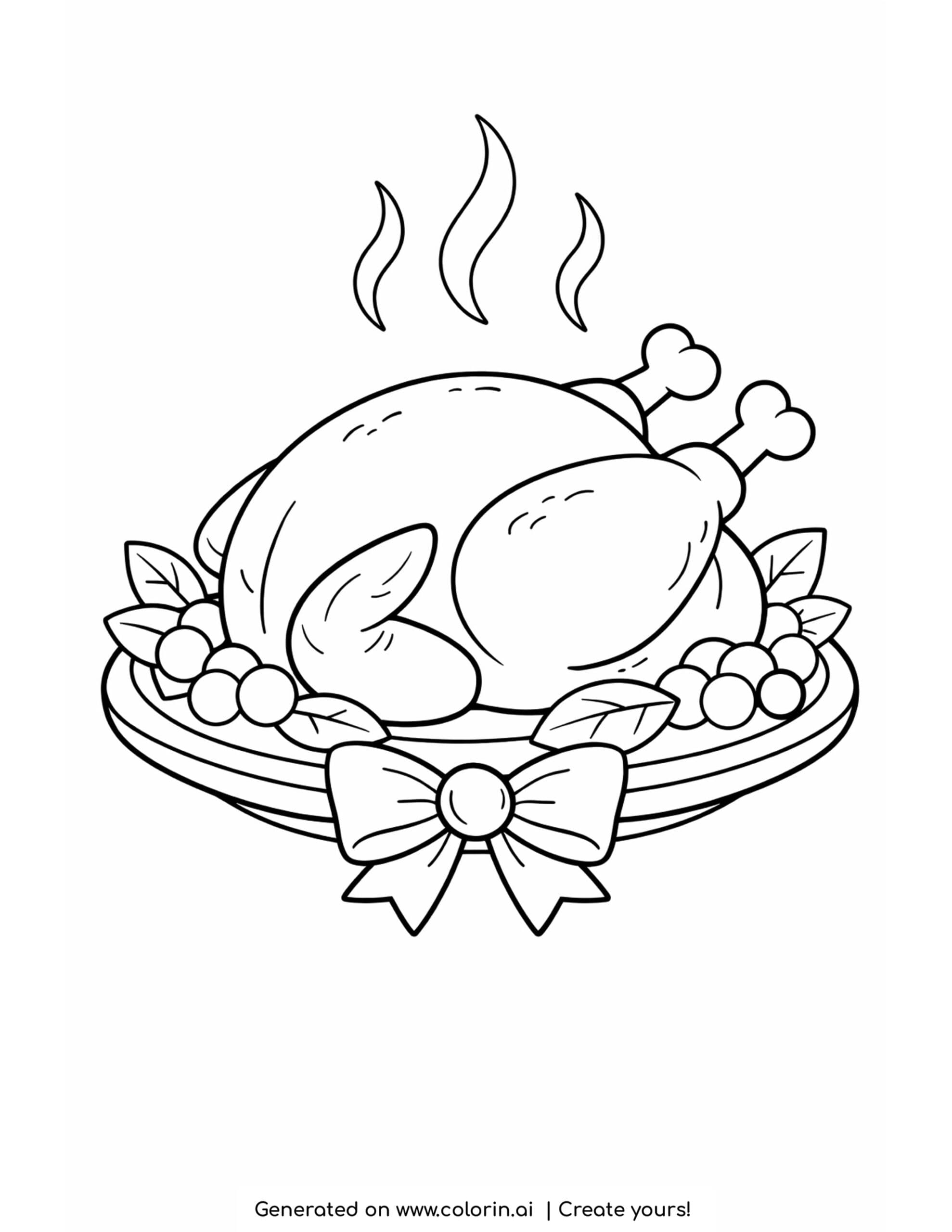 thanksgiving dinner coloring pages, a whole roast turkey on an oval platter garnished with leaves and berries