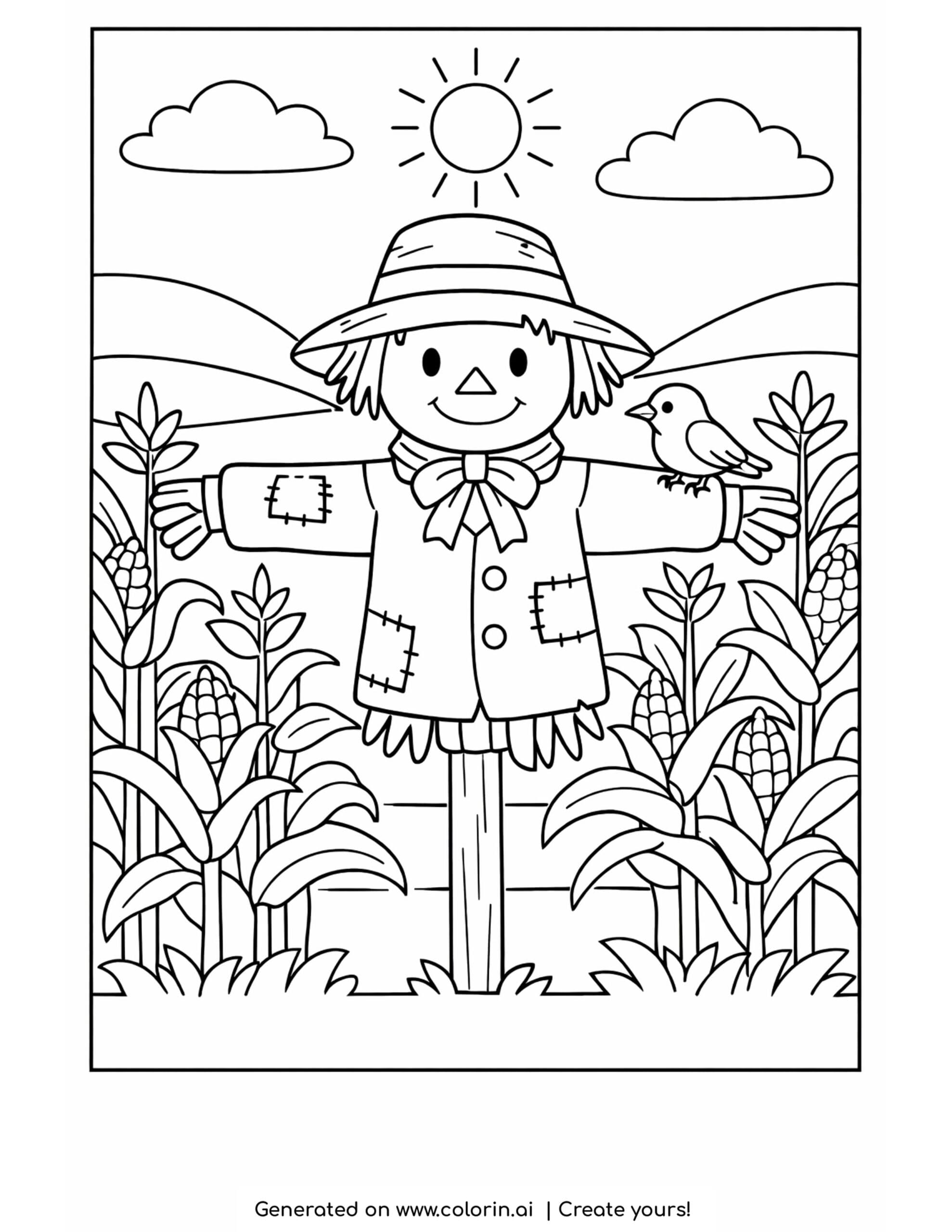 thanksgiving coloring pages for kids, a friendly scarecrow in a straw hat on a pole among corn stalks with a bird