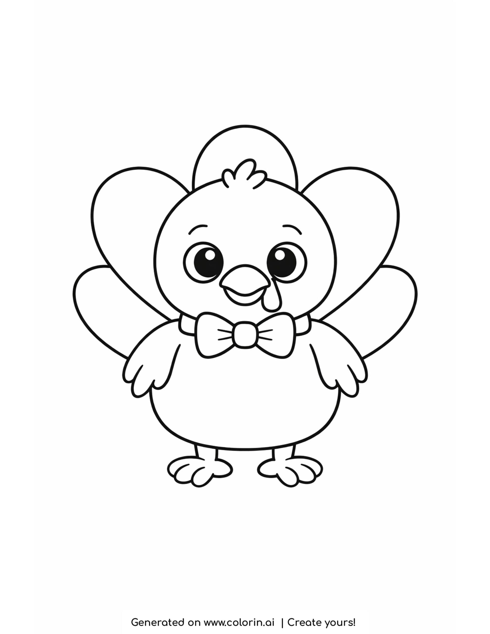 thanksgiving coloring pages for toddlers, a simple round turkey with big eyes, a bow, and large rounded tail feathers