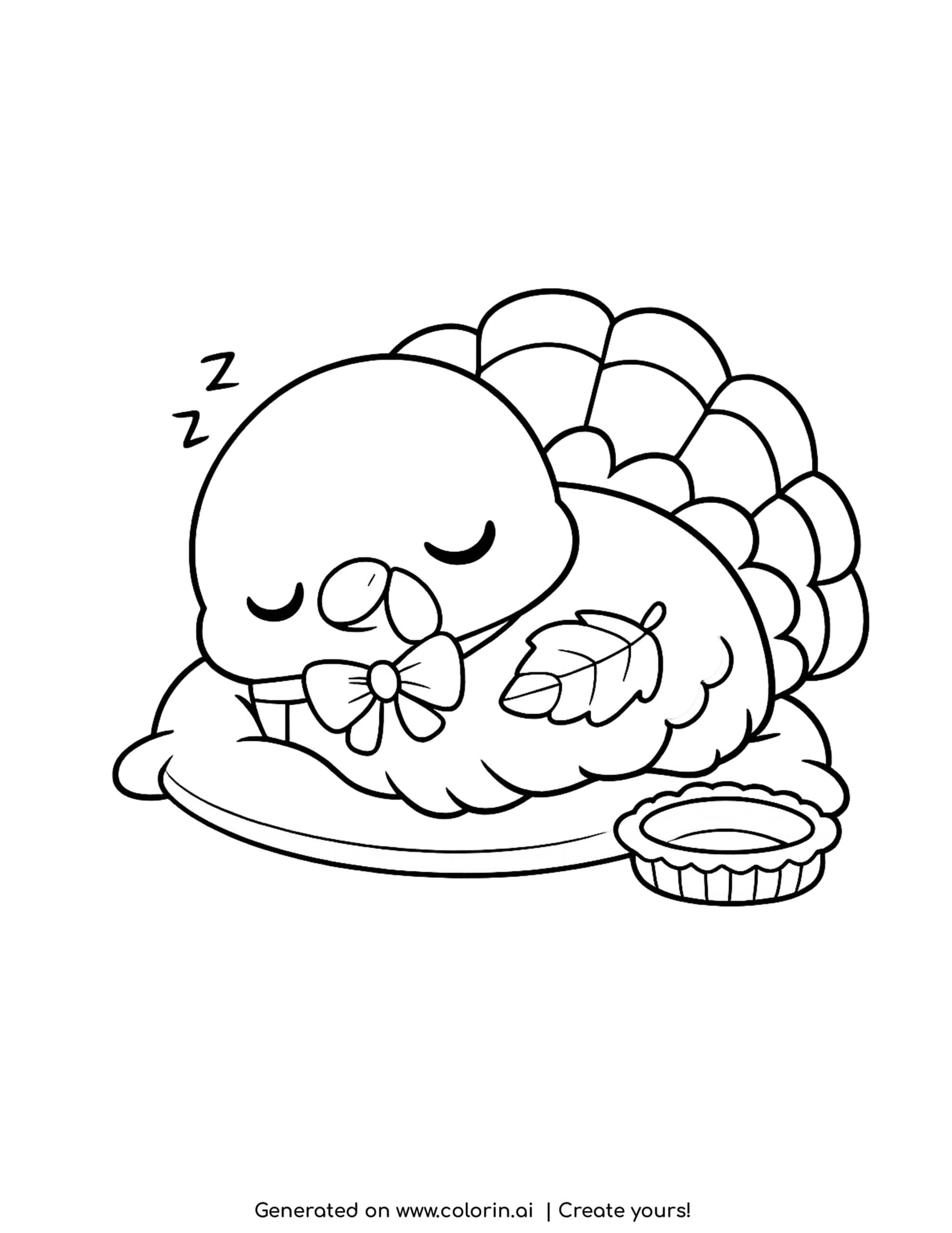 cute thanksgiving coloring pages, a plump turkey asleep with a leaf on its belly and an empty pie tin beside it