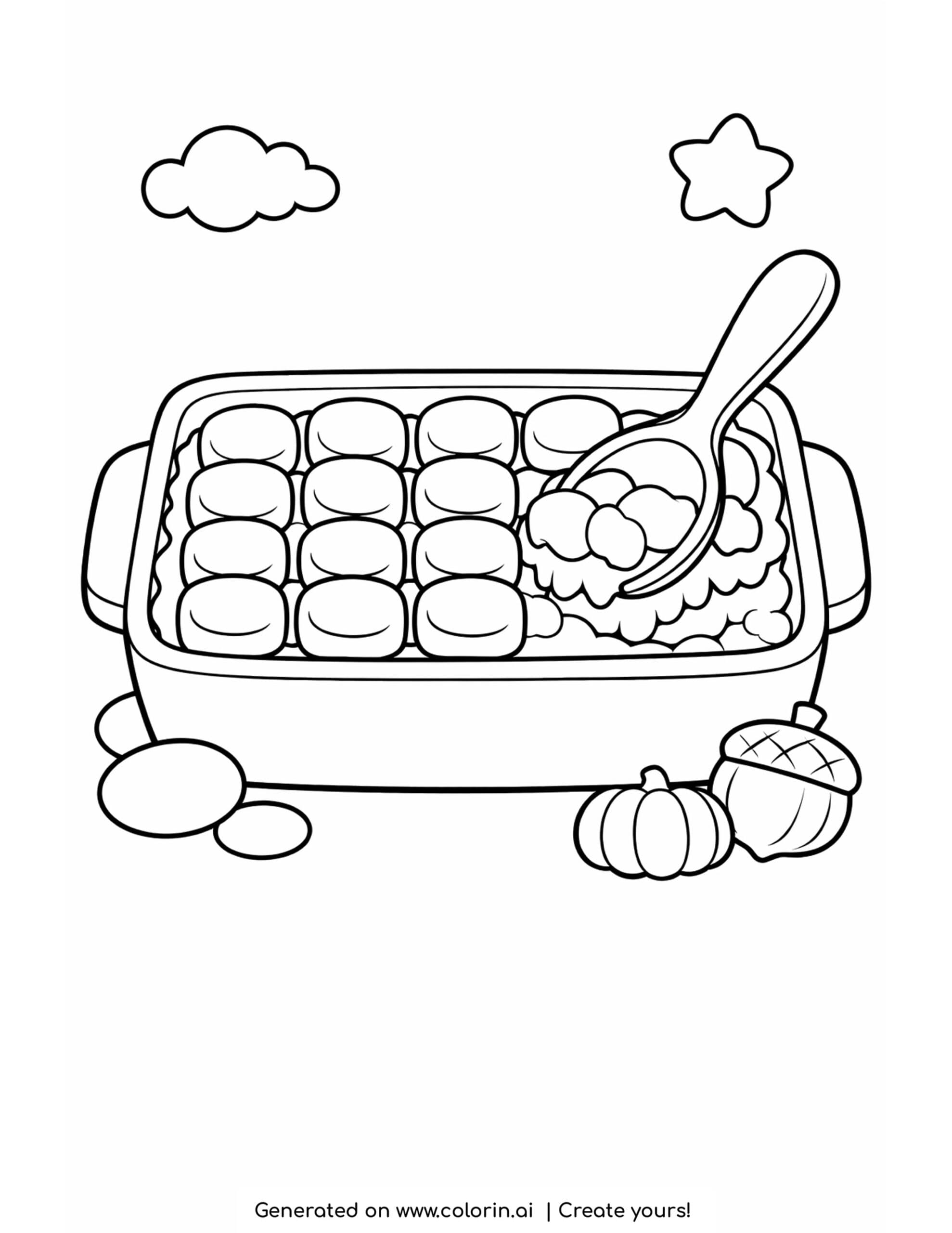 thanksgiving food coloring pages, a baking dish of sweet potato casserole topped with rows of marshmallows and a serving spoon