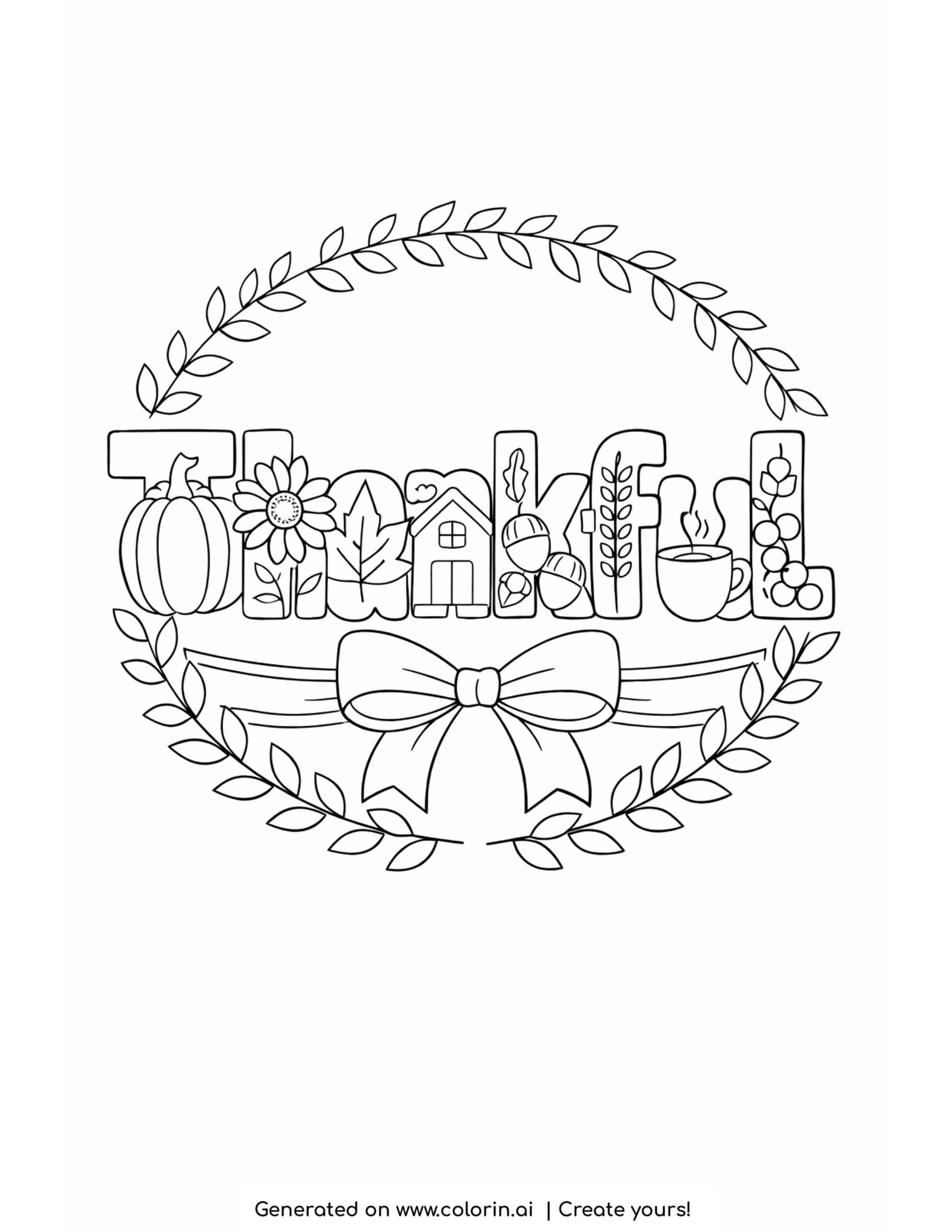 thanksgiving coloring pages for adults, the word thankful in large letters filled with doodles inside a leaf frame