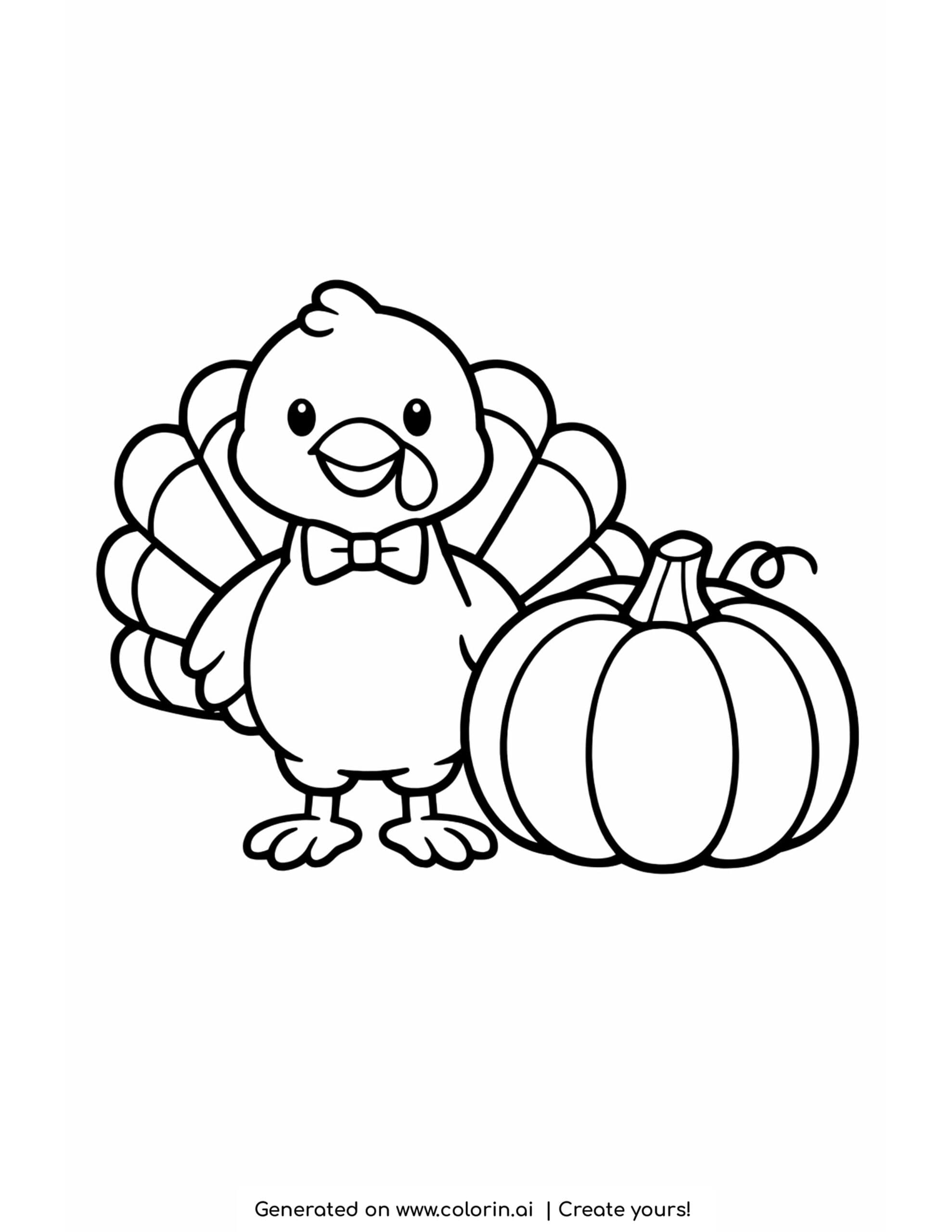 thanksgiving coloring pages for toddlers, a round smiling turkey with a bow tie standing next to a single pumpkin