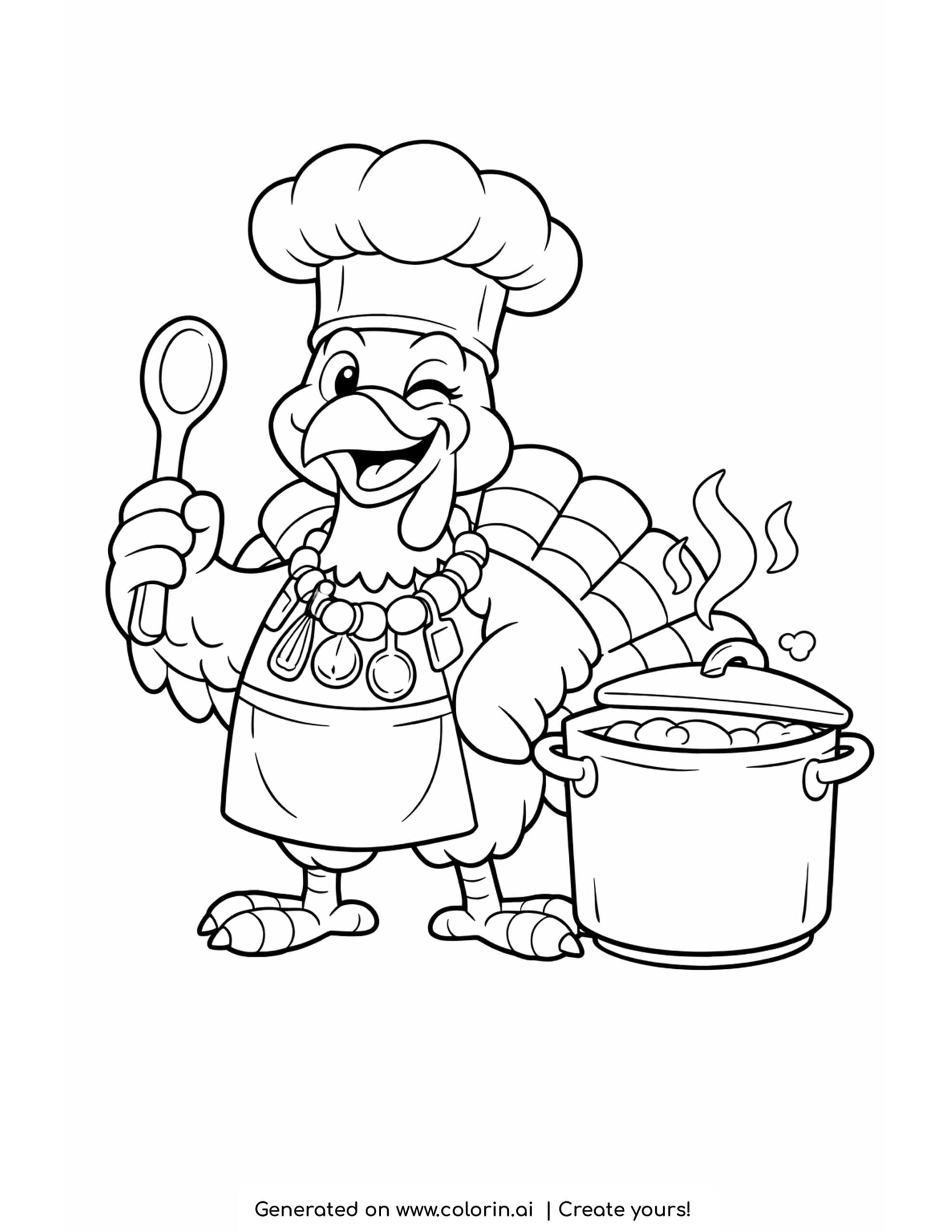 funny thanksgiving coloring pages, a turkey wearing a chef hat and apron holding a wooden spoon beside a steaming pot