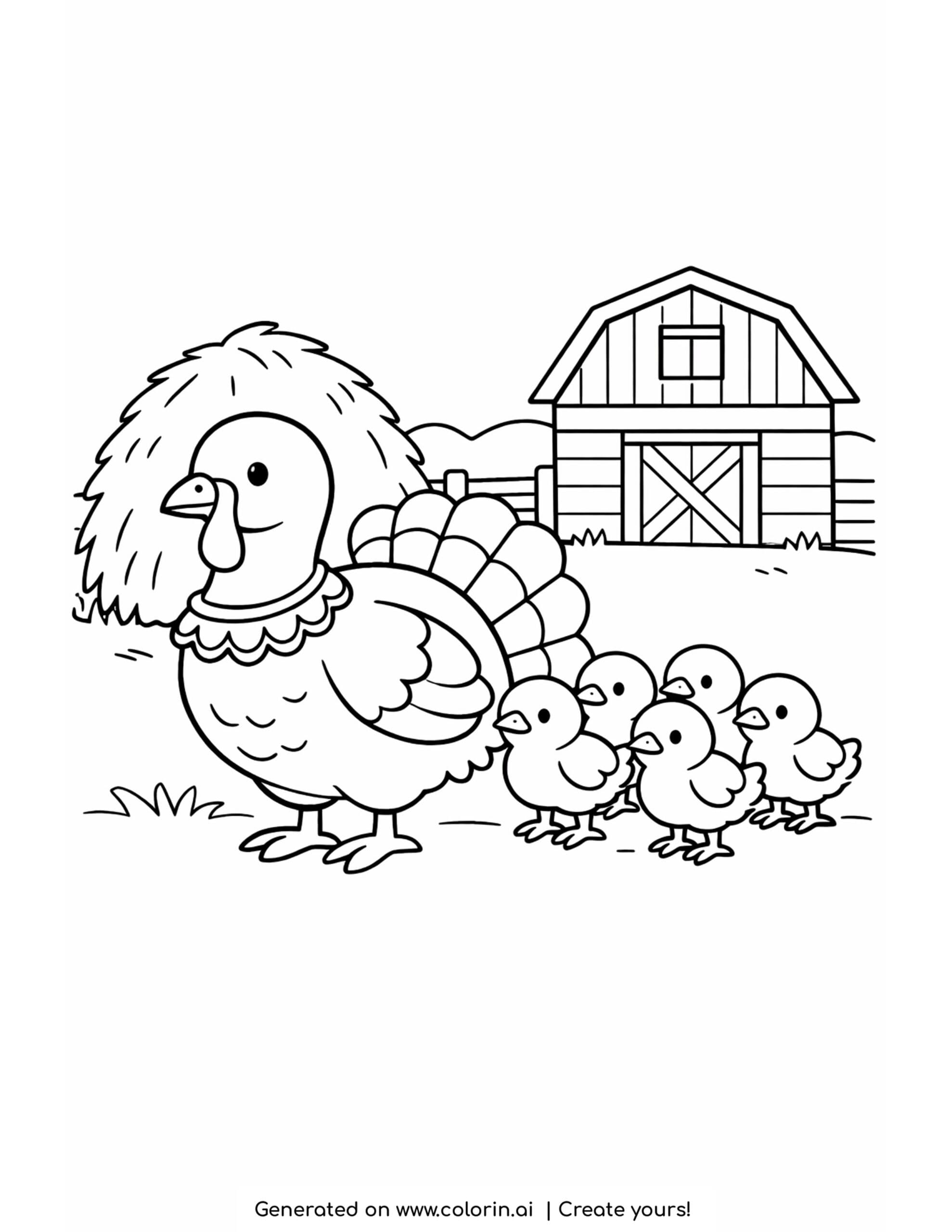 thanksgiving coloring pages for kids, a mother turkey with four chicks near a haystack with a barn in the background