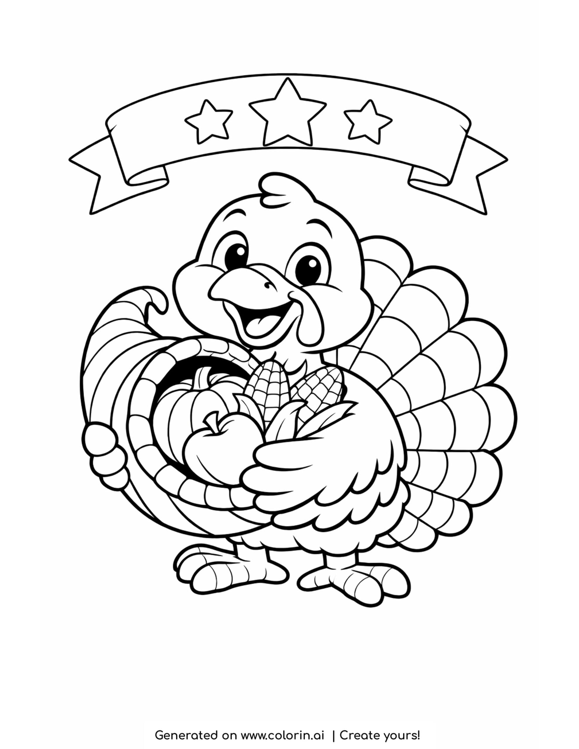 thanksgiving coloring pages for kids, a cheerful turkey hugging a cornucopia spilling a pumpkin, an apple, and corn