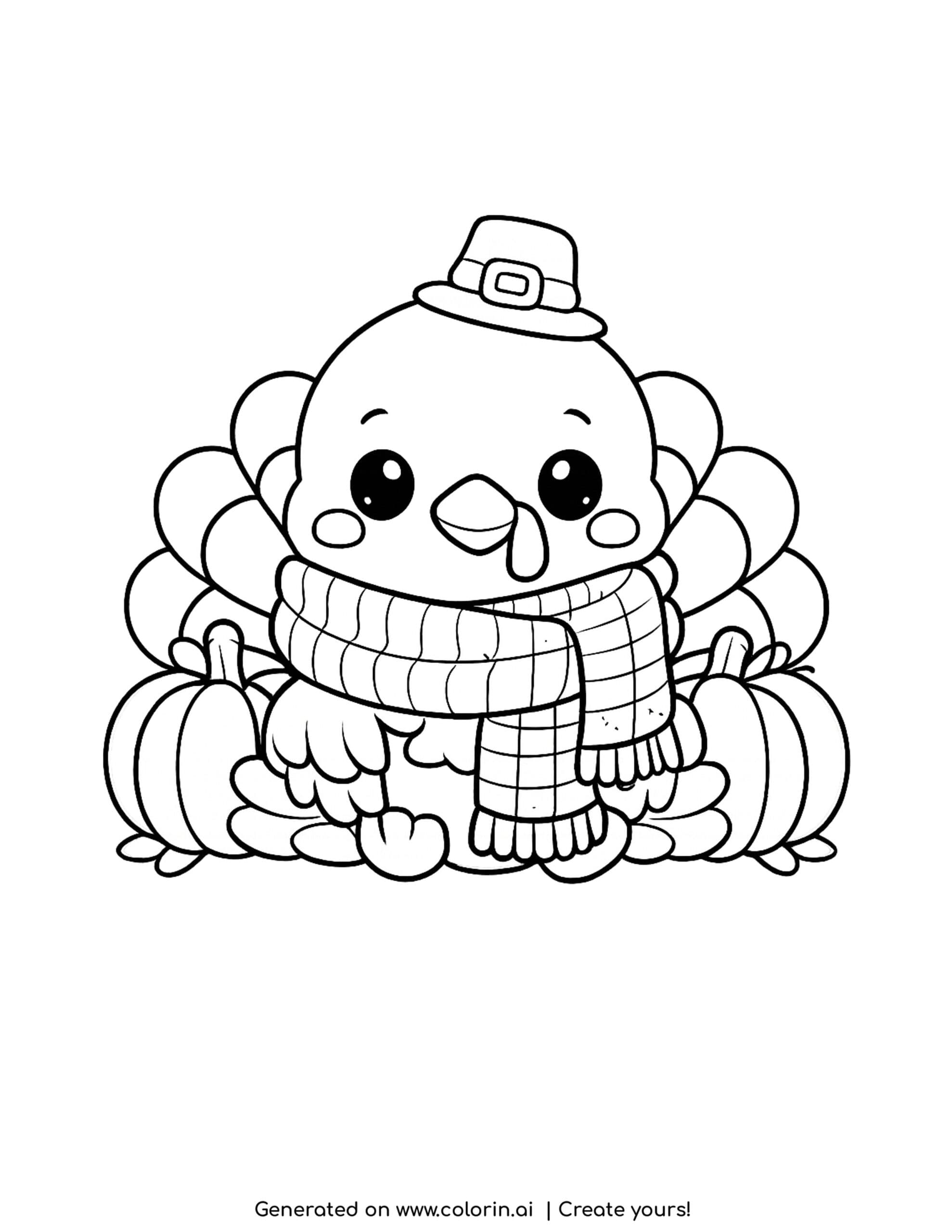 cute thanksgiving coloring pages, a friendly turkey bundled in a long knitted scarf sitting between two pumpkins