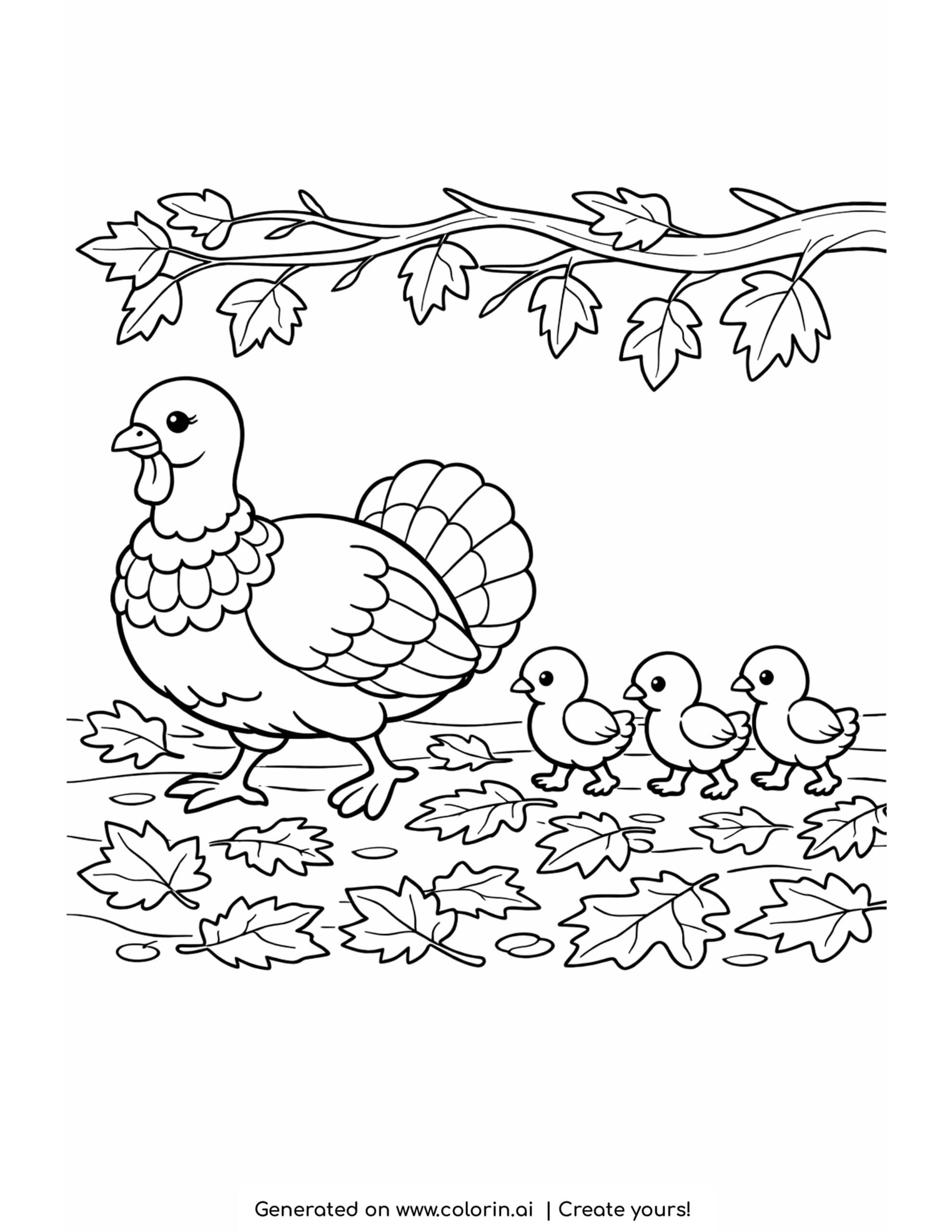 thanksgiving coloring pages for kids, a mother turkey leading three baby turkeys across a path of fall leaves