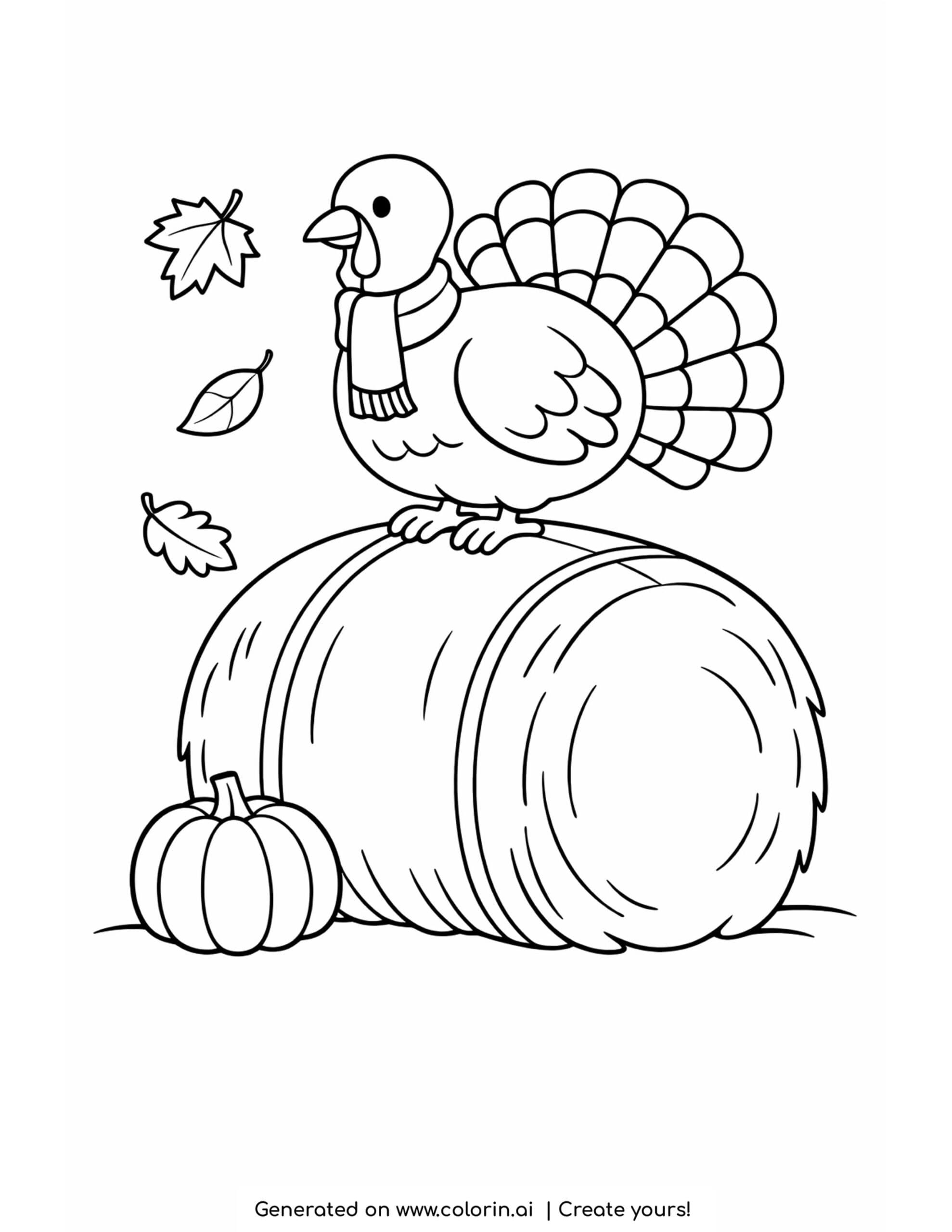 easy thanksgiving coloring pages, a turkey wearing a scarf sitting on a round hay bale with a pumpkin beside it