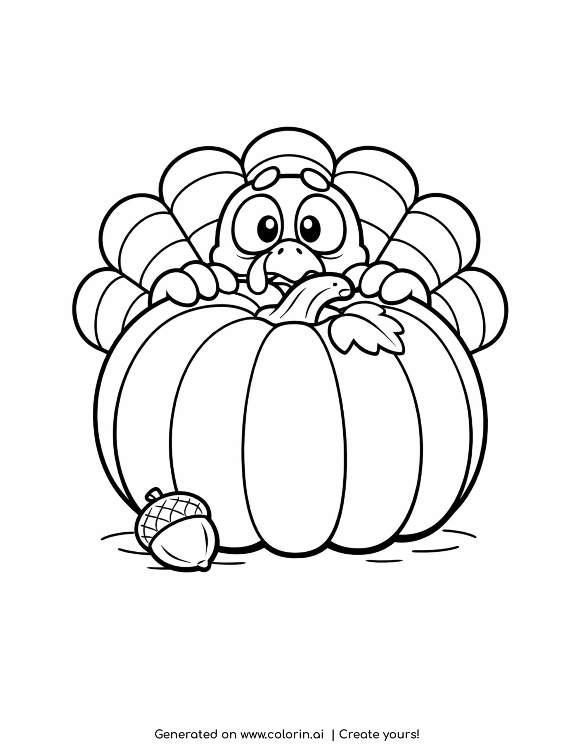funny thanksgiving coloring pages, a nervous turkey hiding behind a large round pumpkin with only its face peeking out