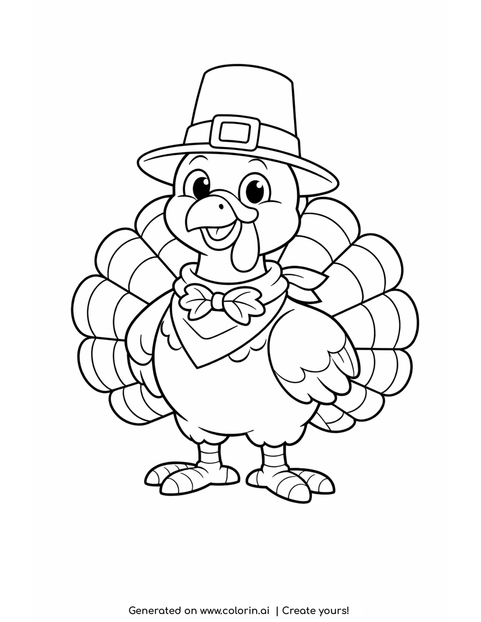 thanksgiving turkey coloring page, a proud turkey wearing a tall buckled pilgrim hat with fanned tail feathers