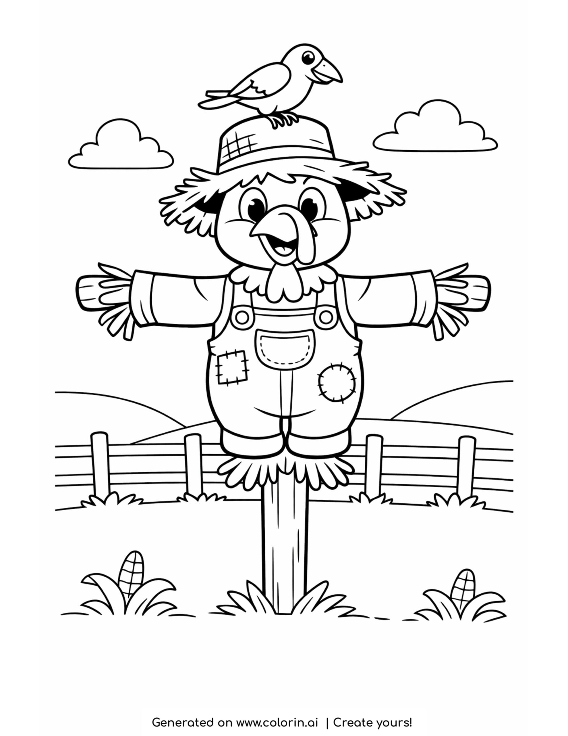 funny thanksgiving coloring pages, a turkey wearing a straw hat and patched overalls posing as a scarecrow on a pole