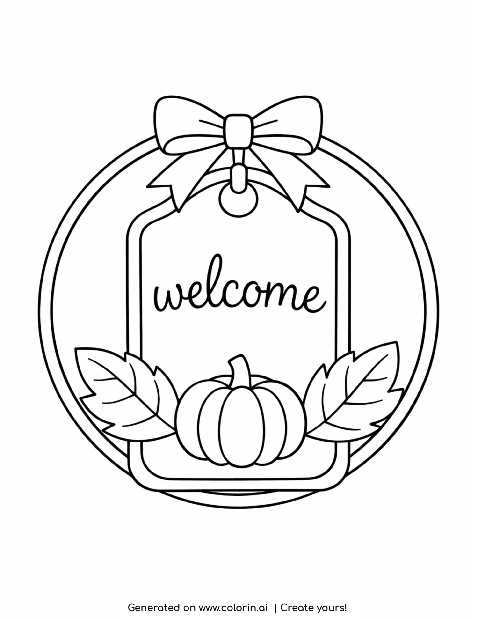 thanksgiving day coloring pages, a round welcome door sign with a bow, a hanging tag, a pumpkin, and two leaves