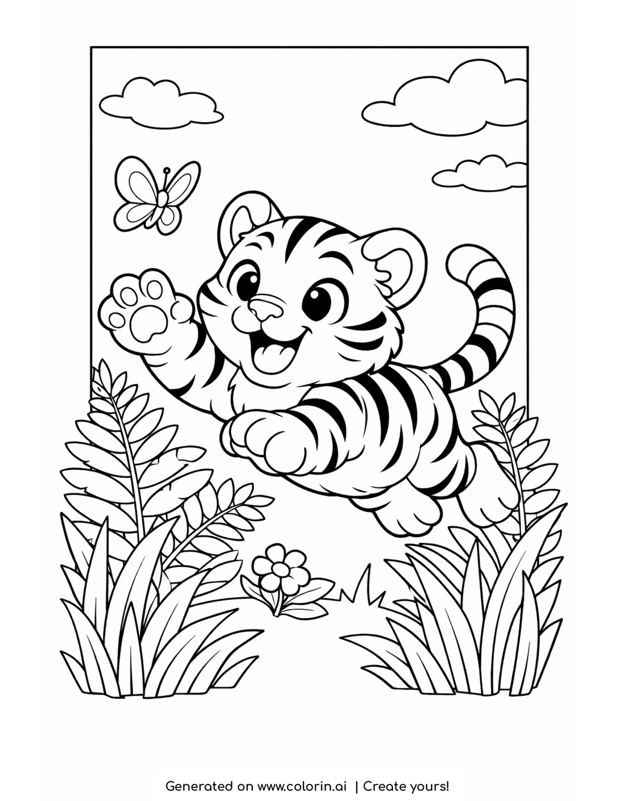 tiger coloring pages, a playful striped tiger cub pouncing after a butterfly in the grass with clouds
