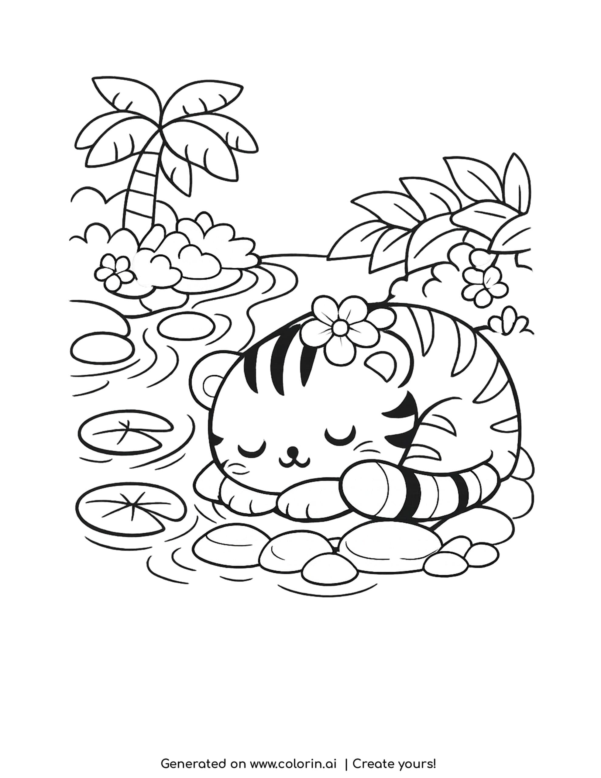 tiger coloring pages, a sleepy tiger cub curled up beside a jungle stream with lily pads and a palm tree