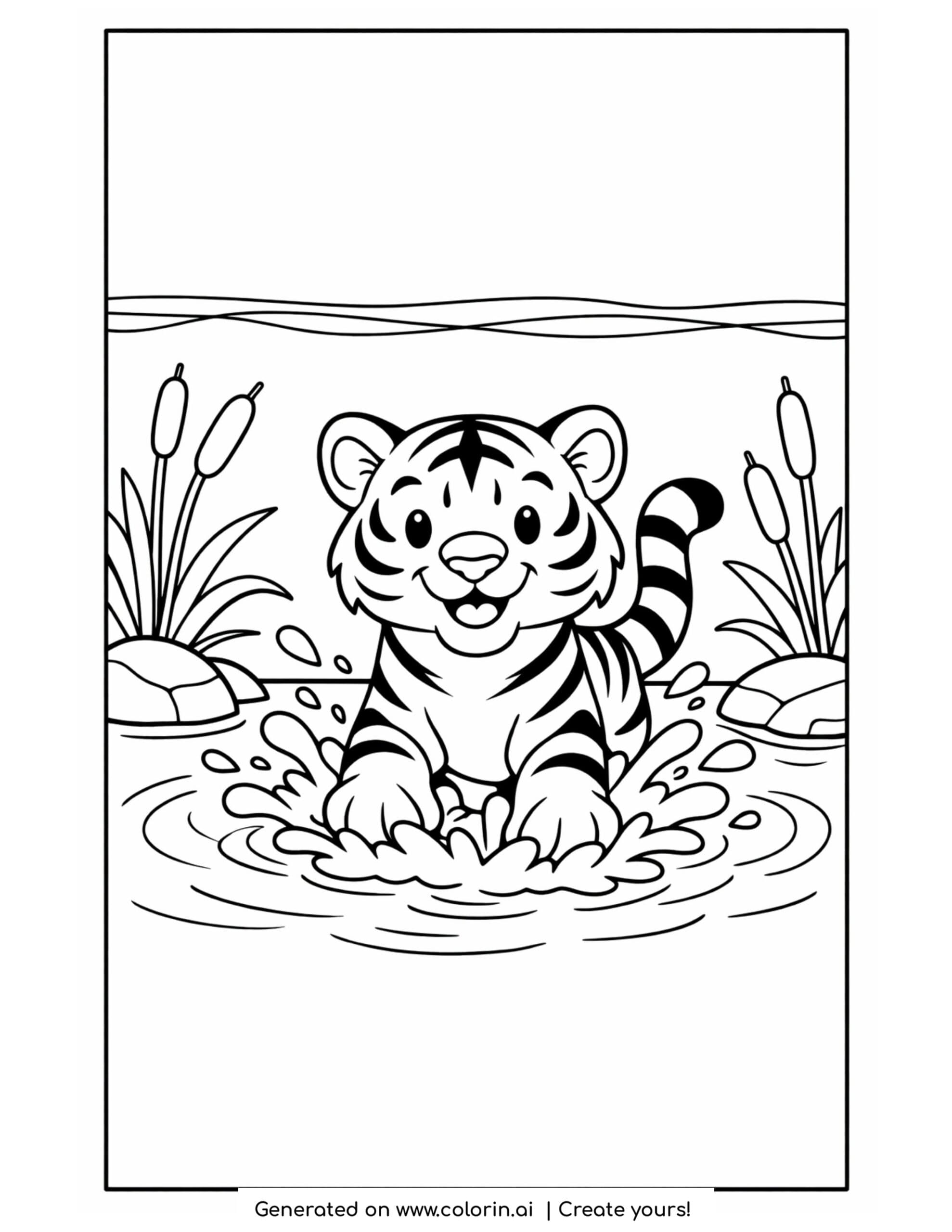 tiger coloring pages, a happy tiger cub splashing in a cool watering hole with cattails and rocks