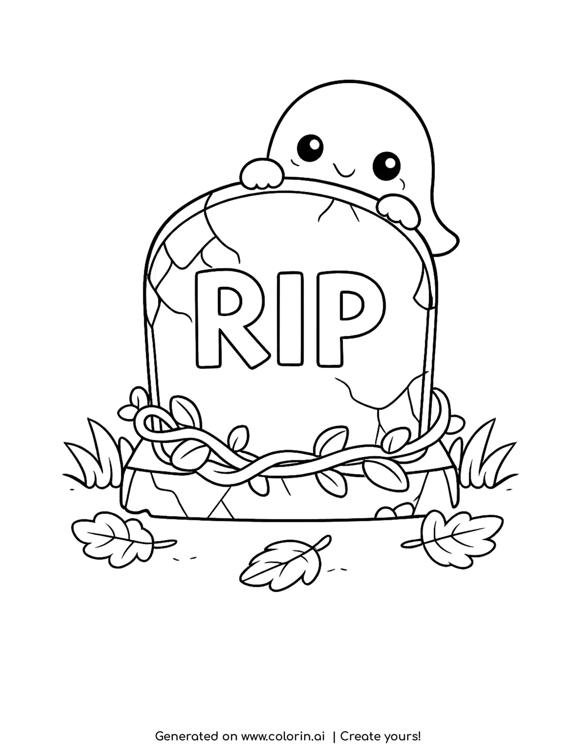 tombstone coloring pages, a cracked RIP tombstone with a curious little ghost peeking over the top