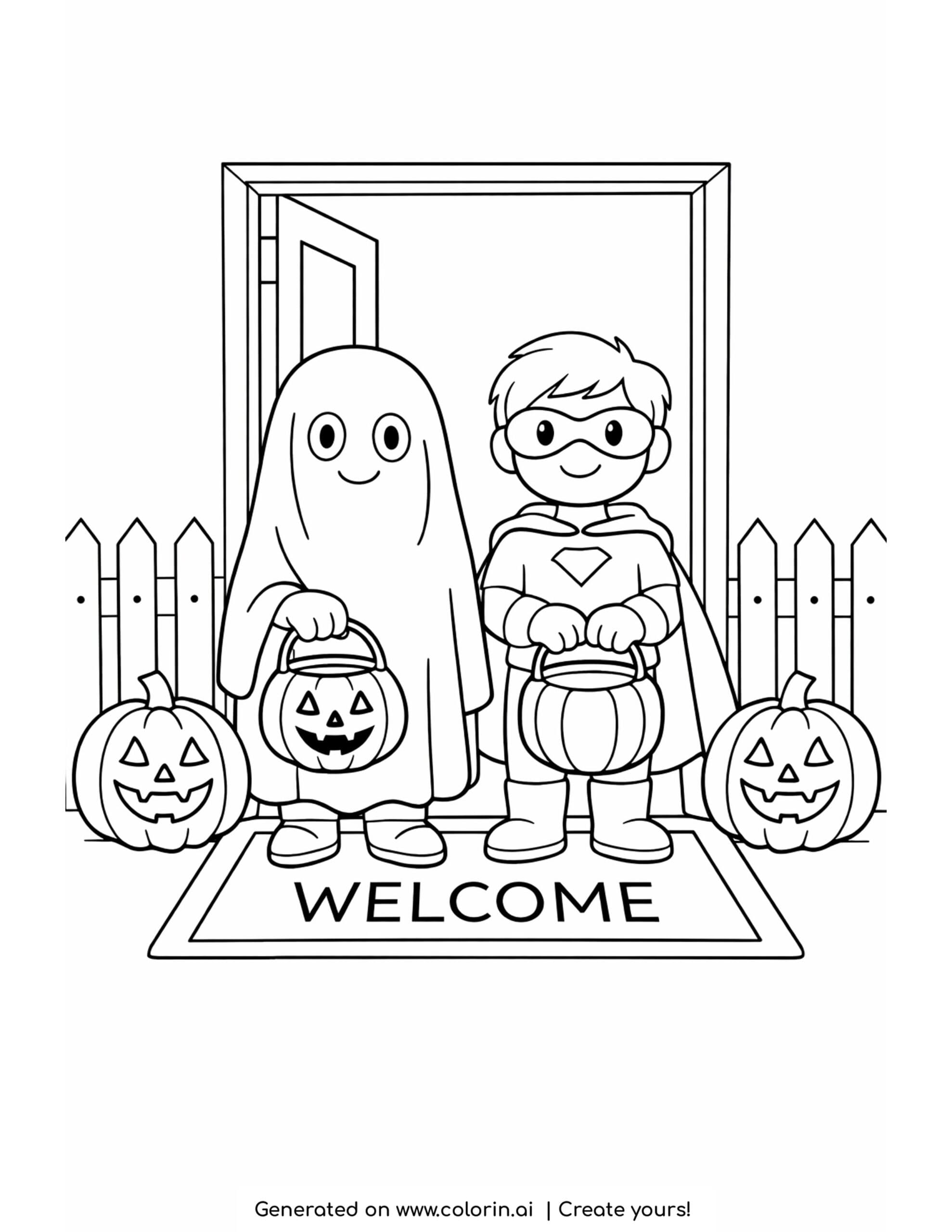 trick or treat coloring pages, two costumed kids with candy buckets at a doorway with a welcome mat and pumpkins