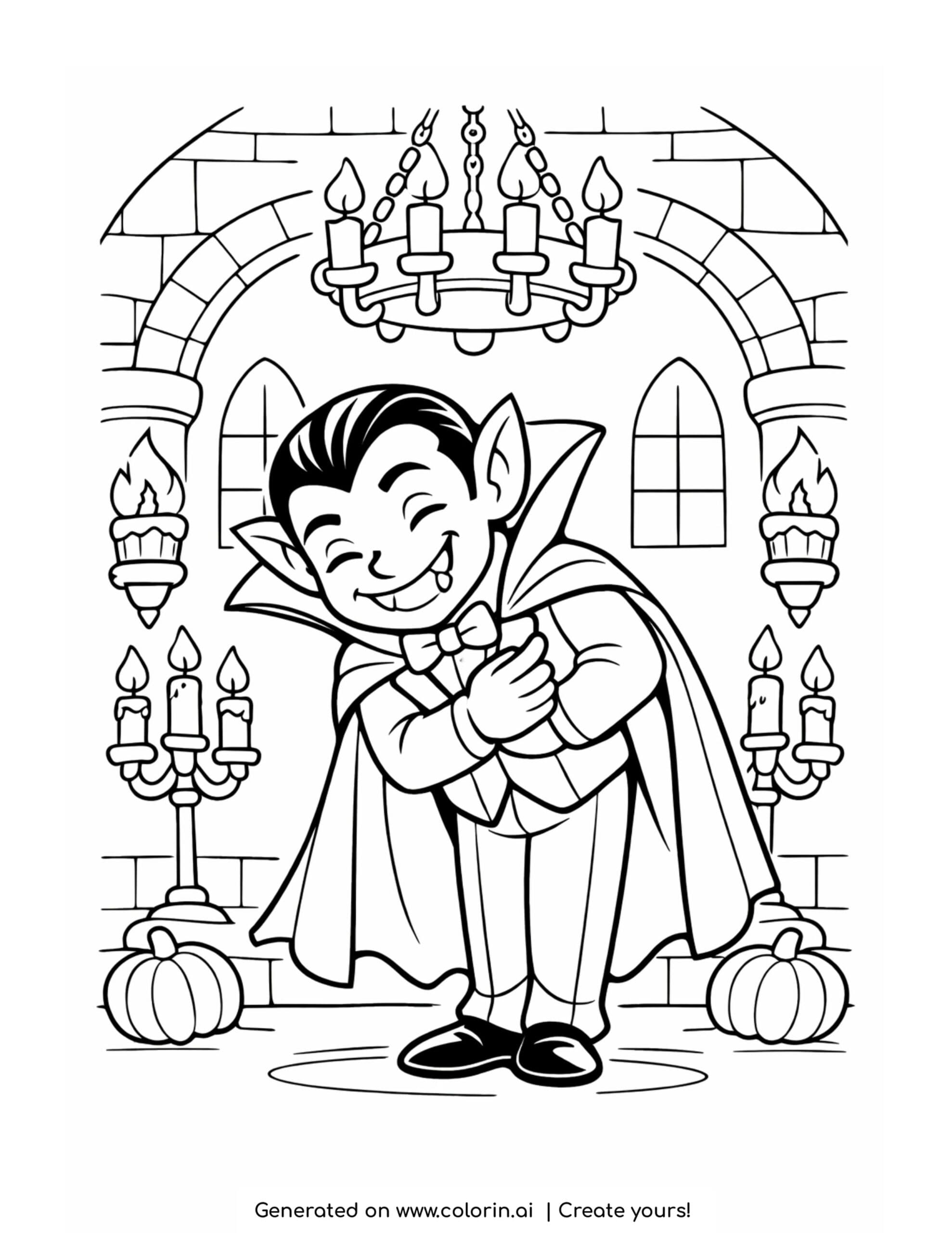 vampire coloring pages, a caped vampire bowing in a candle-lit castle hall with a chandelier
