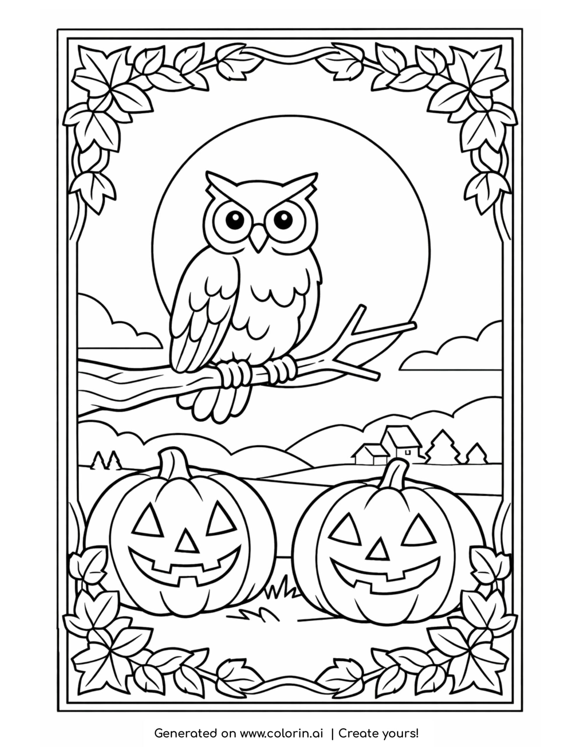 vintage halloween coloring pages, a retro postcard scene with an owl on a branch, a full moon, and two pumpkins