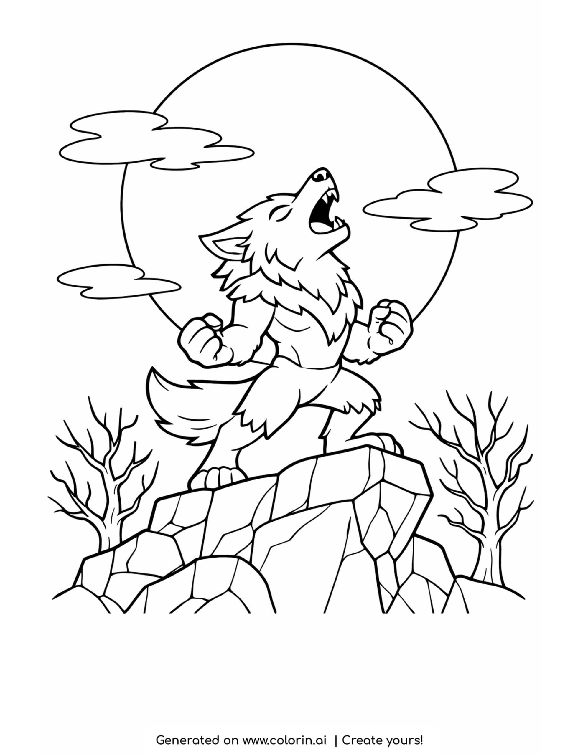 werewolf coloring pages, a werewolf howling on a rocky cliff beneath a full moon with bare trees