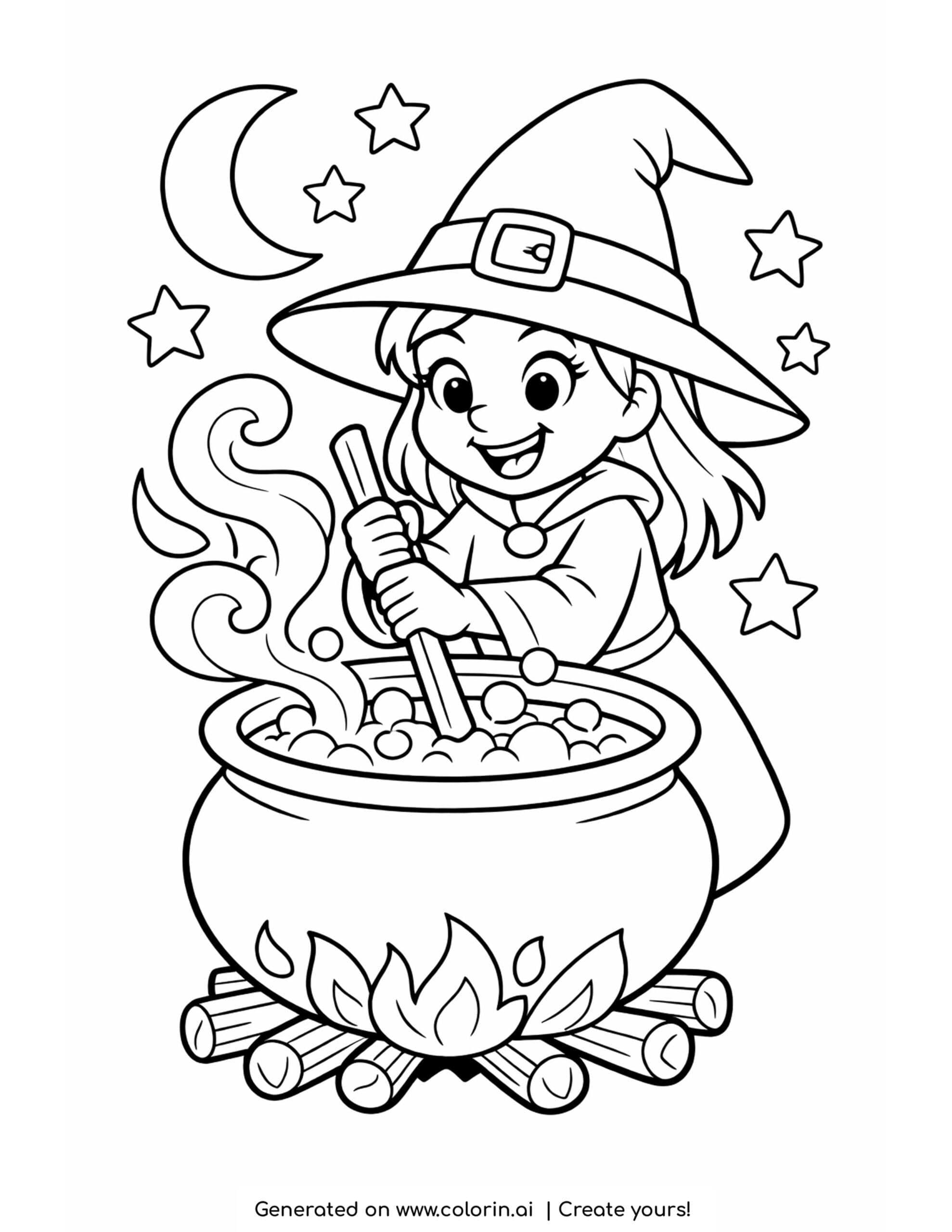 witch coloring pages, a smiling witch stirring a bubbling cauldron over a fire under a crescent moon