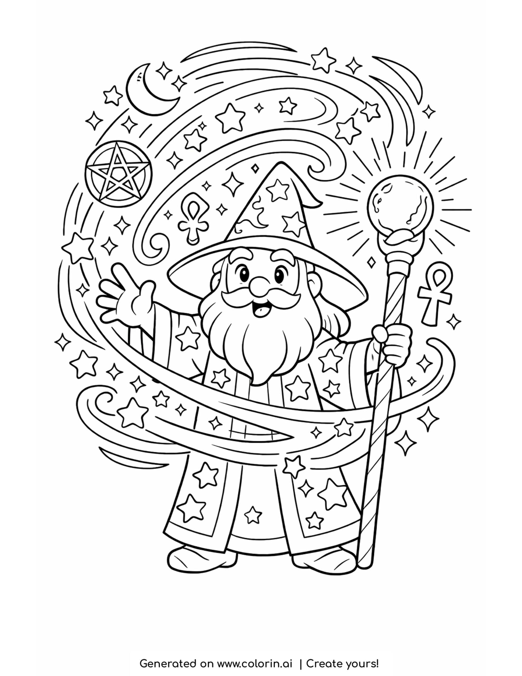 wizard coloring pages, an old wizard casting a spell with a glowing staff surrounded by stars and runes