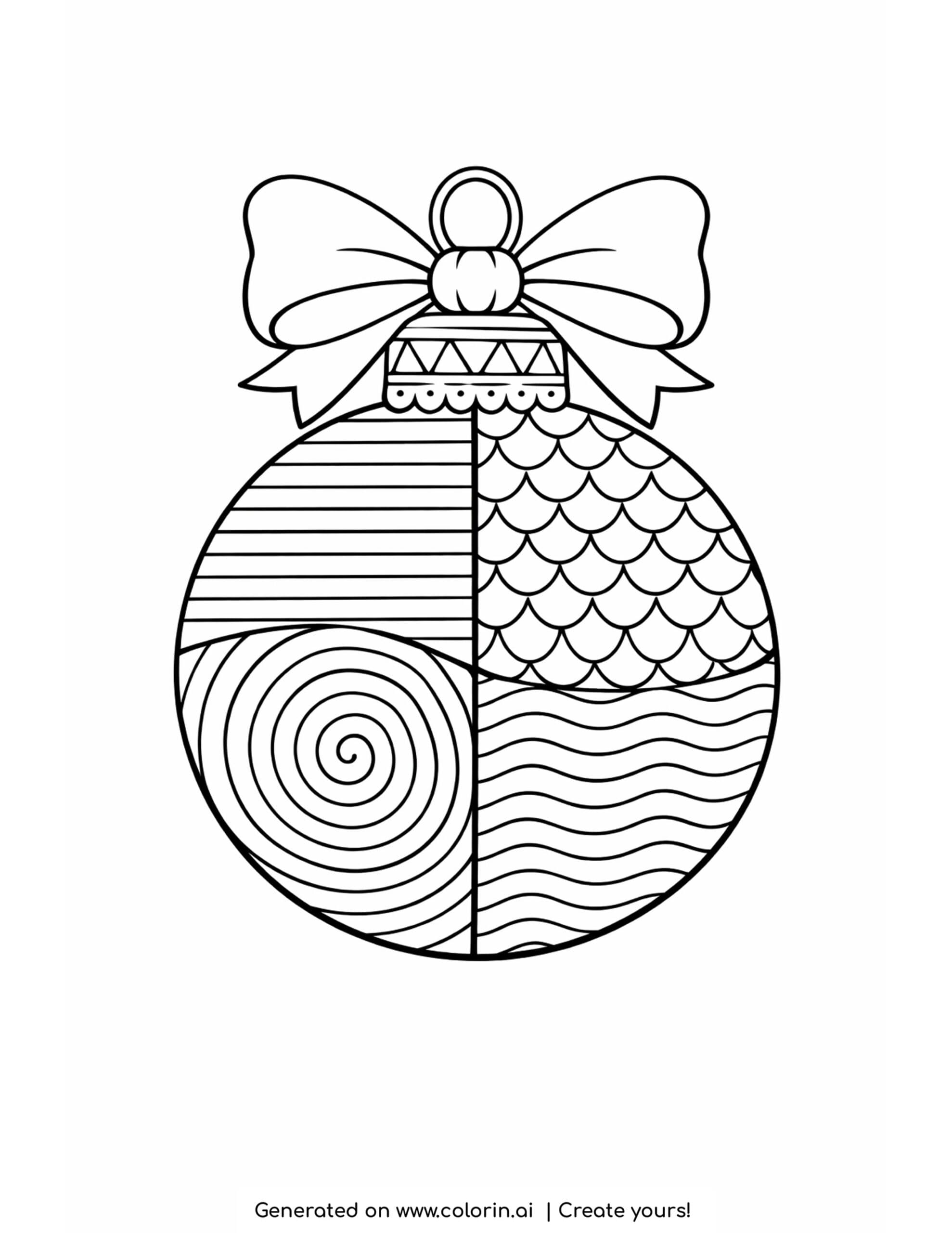 christmas coloring pages for adults, a zentangle Christmas ornament split into patterned sections with a bow on top
