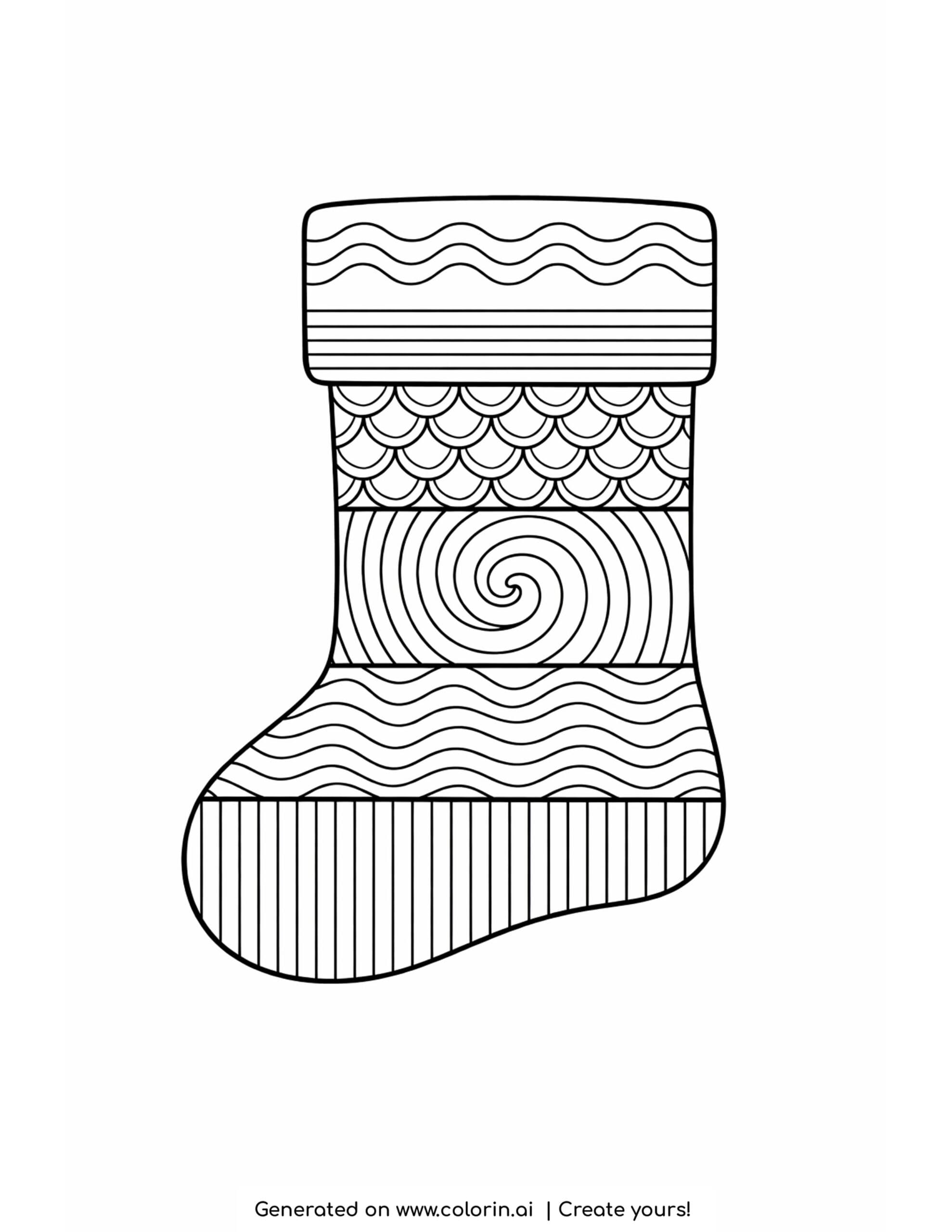 christmas coloring pages for adults, a zentangle Christmas stocking filled with horizontal bands of patterns